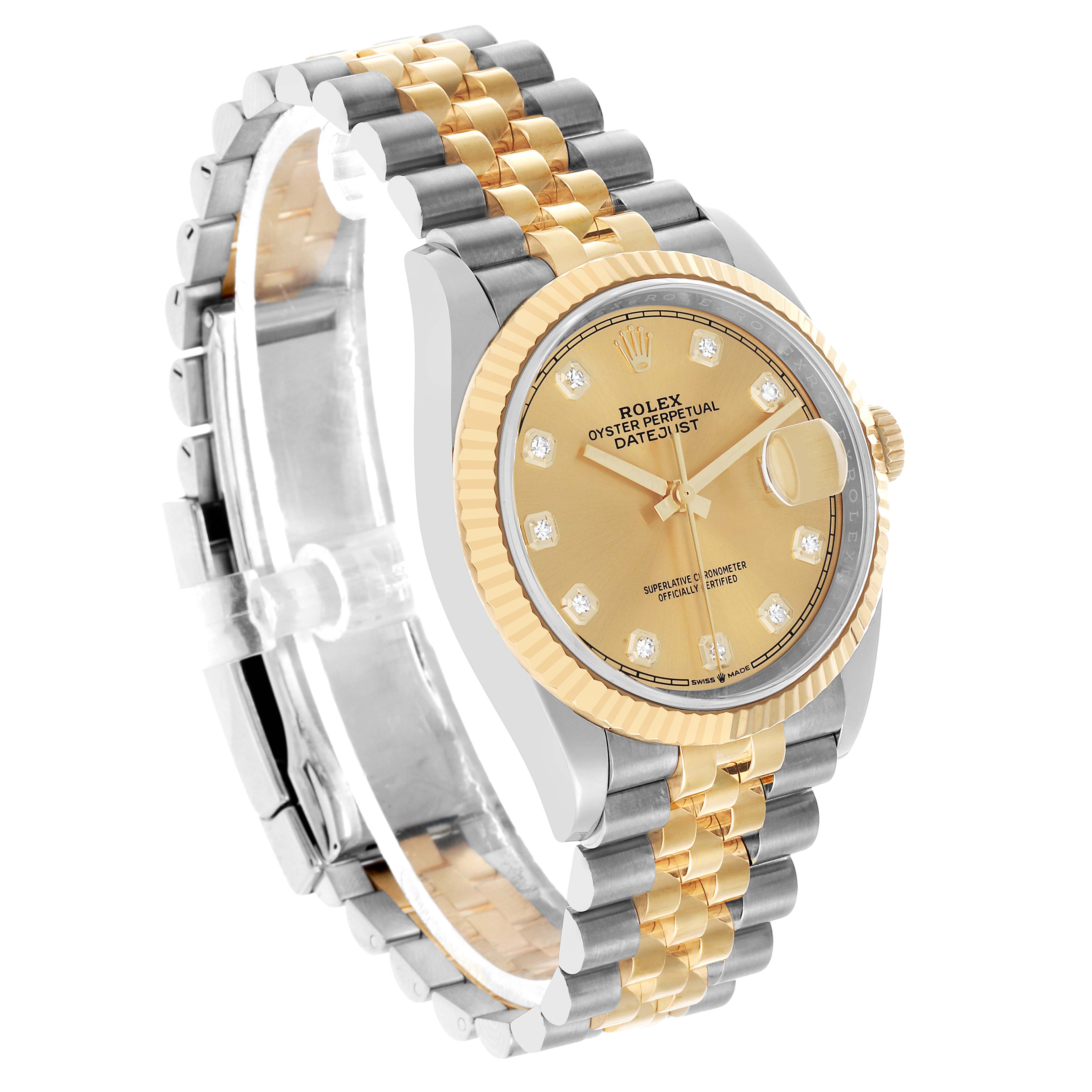 The Rolex Datejust 126233 Men's Steel and Gold (two tone) Champagne Dial is shown at a slight angle, highlighting its two-tone bracelet, fluted bezel, and champagne dial with diamond markers.