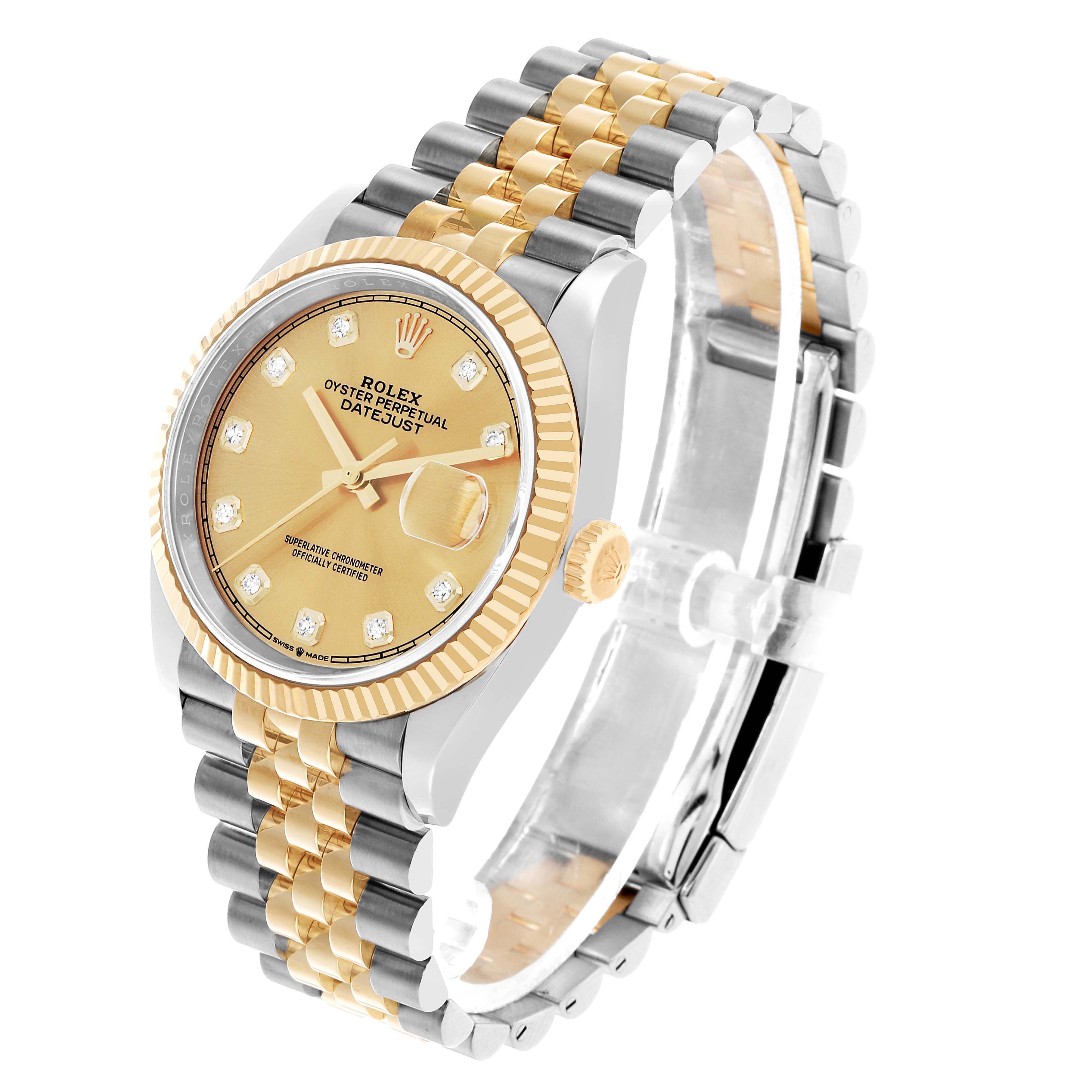 The Rolex Datejust 126233 Men's Steel and Gold (two tone) Champagne Dial is shown at an angled front view, highlighting the gold face, fluted bezel, and two-tone Jubilee bracelet.