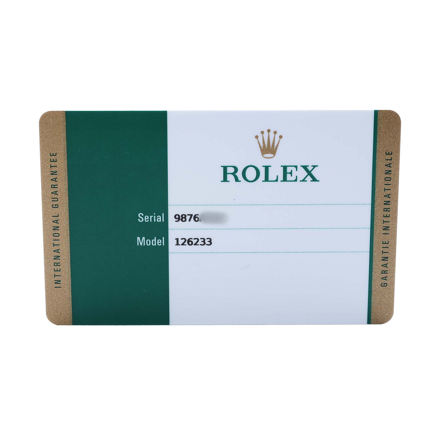 This image shows the warranty card for a Rolex Datejust 126233 Men's Steel and Gold (two tone) Champagne Dial model, displaying the brand logo and model number.