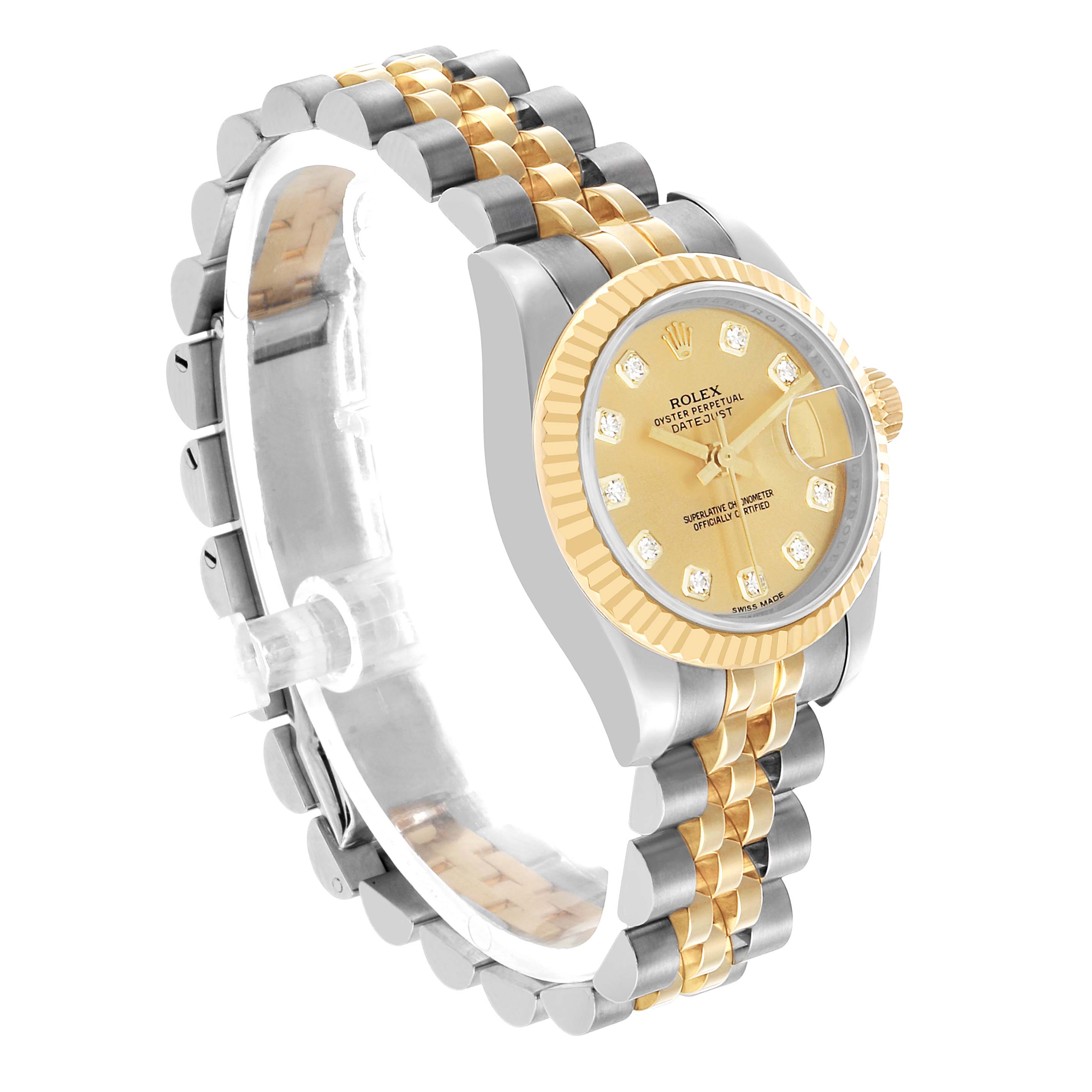 The Rolex Datejust 179173 Women's Steel and Gold (two tone) Champagne Dial watch is shown at a three-quarter angle, highlighting the dial, bezel, and two-tone bracelet.