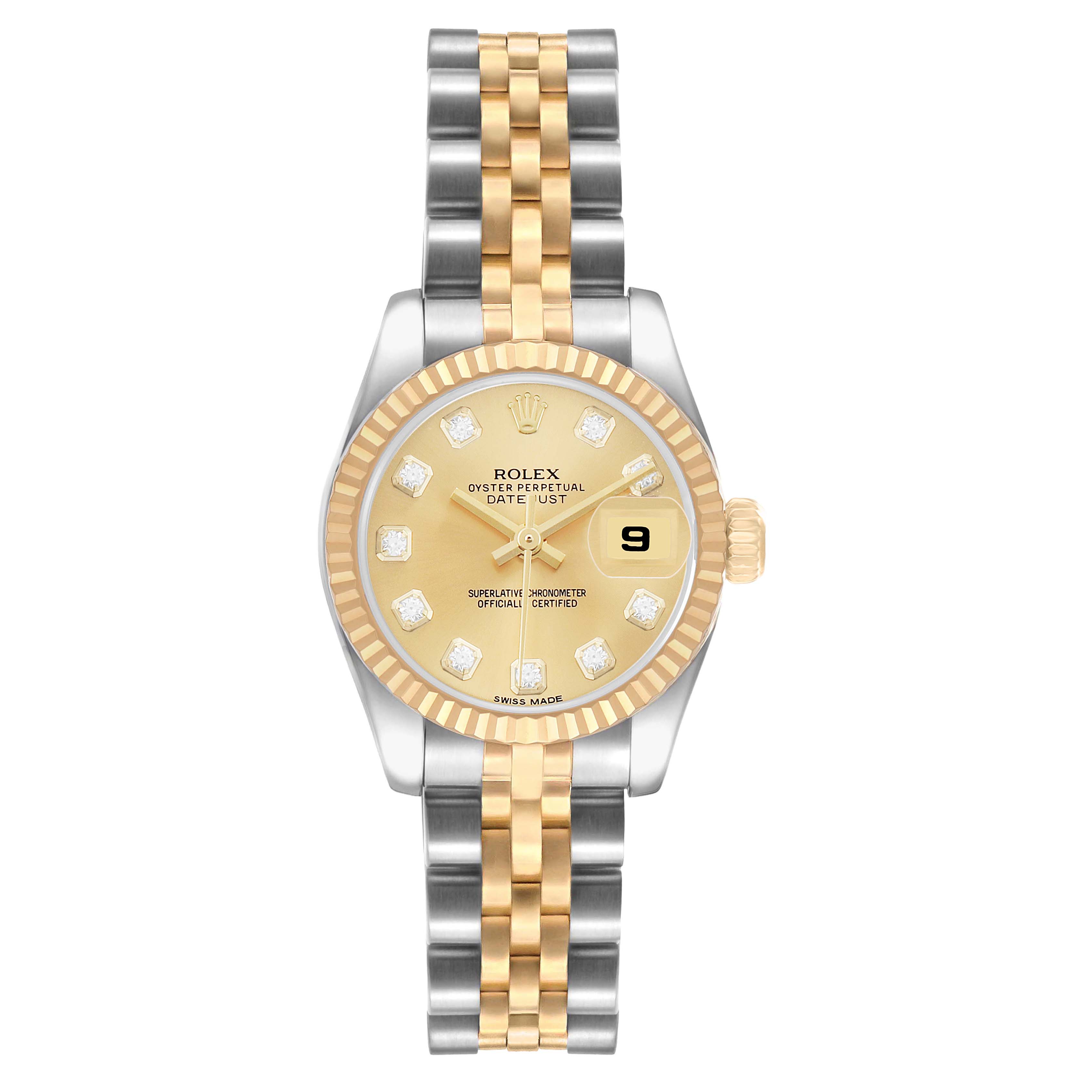 The Rolex Datejust 179173 Women's Steel and Gold (two tone) Champagne Dial watch is shown from a top-down angle, displaying the dial, bezel, and two-tone bracelet.