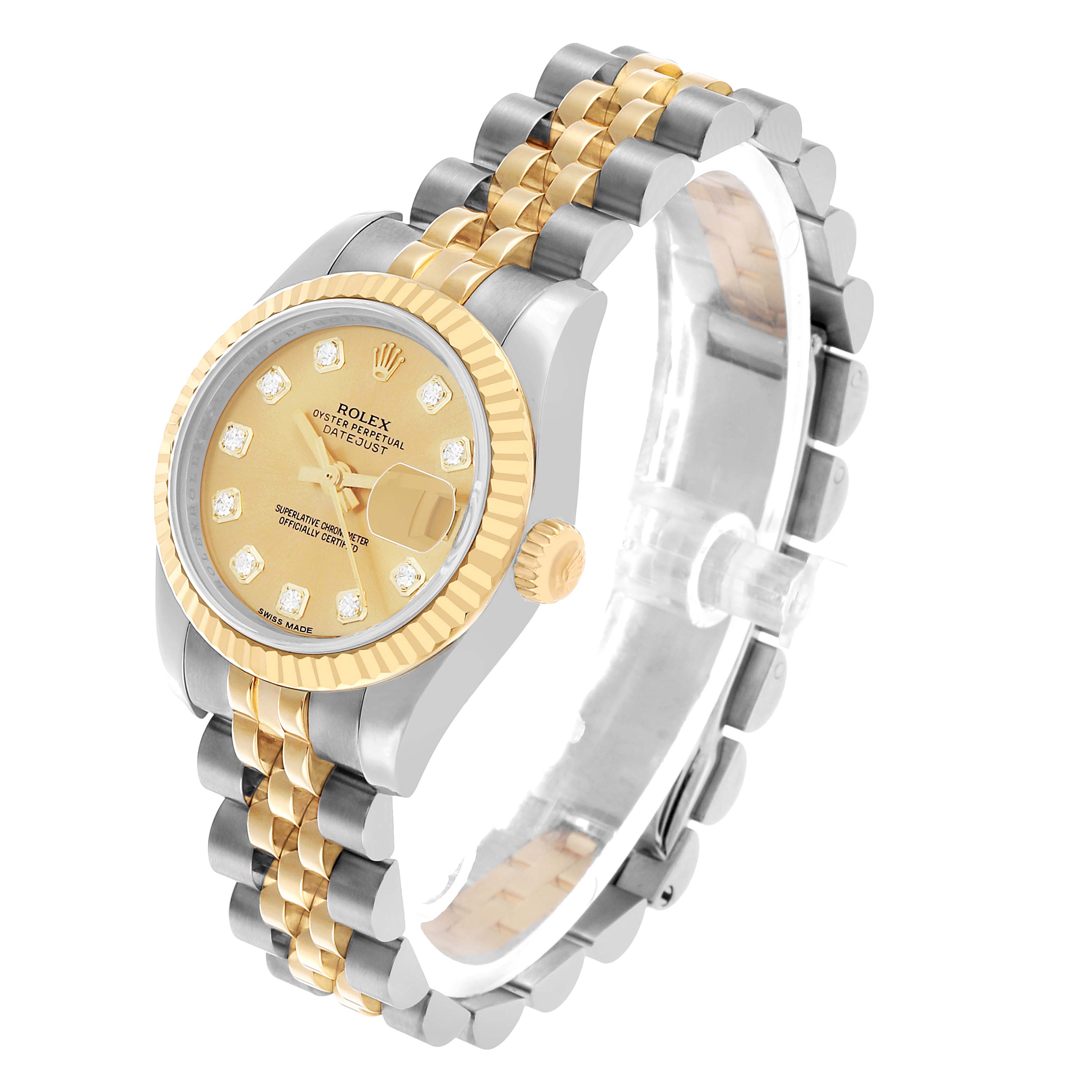 The Rolex Datejust 179173 Women's Steel and Gold (two tone) Champagne Dial watch is shown at a three-quarter angle, highlighting the face, bezel, crown, and bracelet.