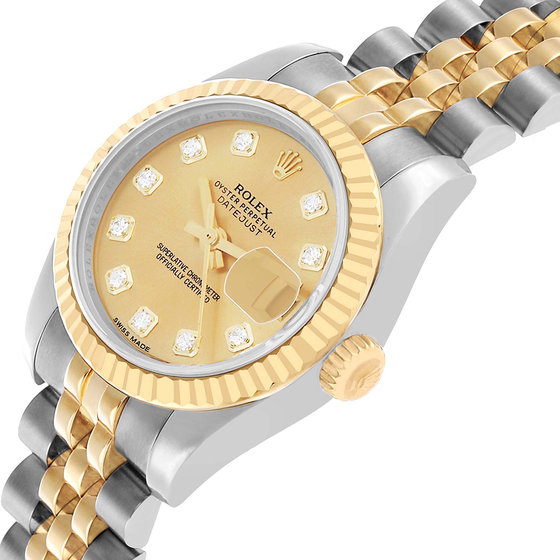 The Rolex Datejust 179173 Women's Steel and Gold (two tone) Champagne Dial is shown from a side angle highlighting its dial, bezel, crown, and two-tone bracelet.