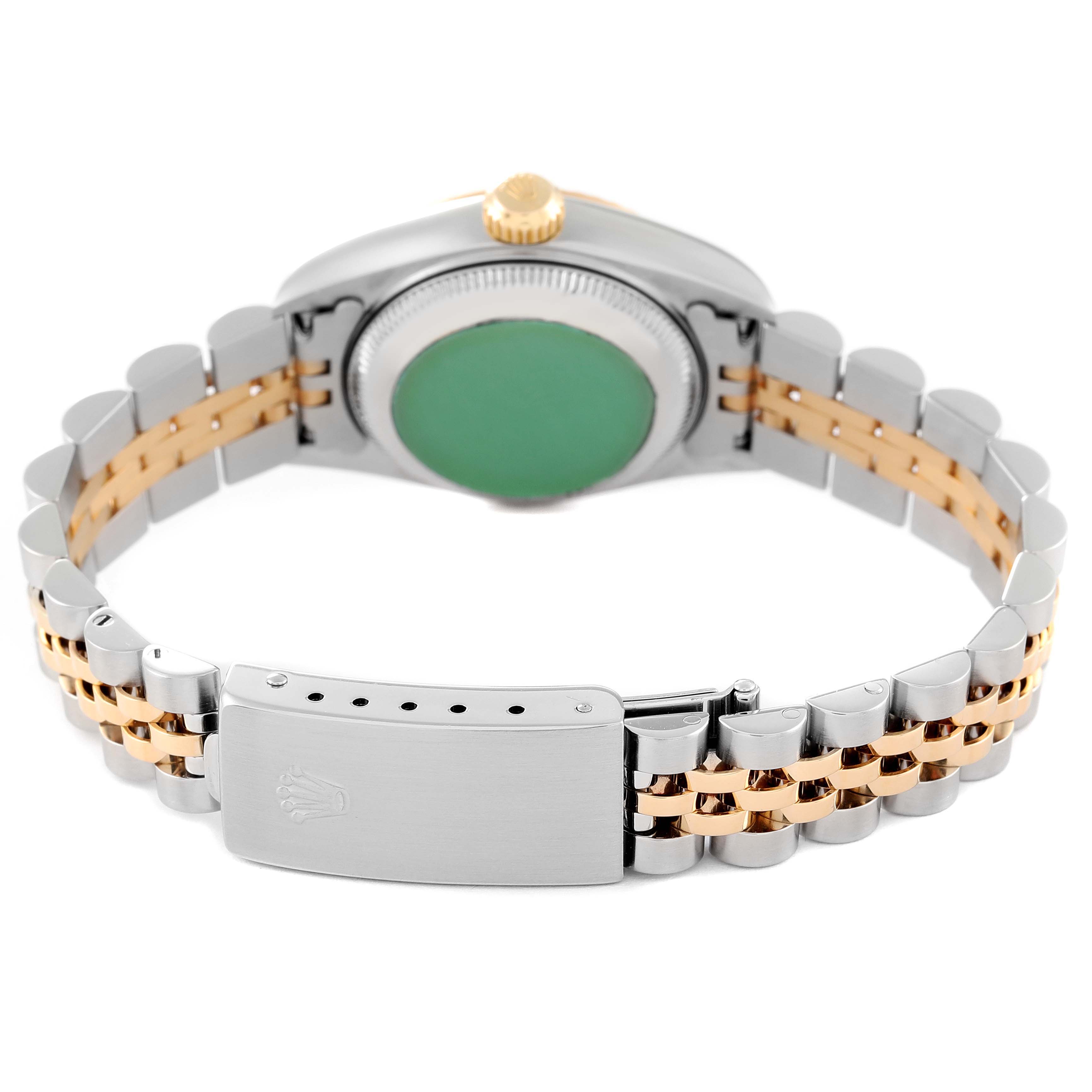 This image shows the back of a Rolex Datejust 79173 Women's Steel and Gold (two tone) Champagne Dial 79173 Women's Steel and Gold (two tone) Champagne Dial watch, highlighting its case, bracelet, and clasp.