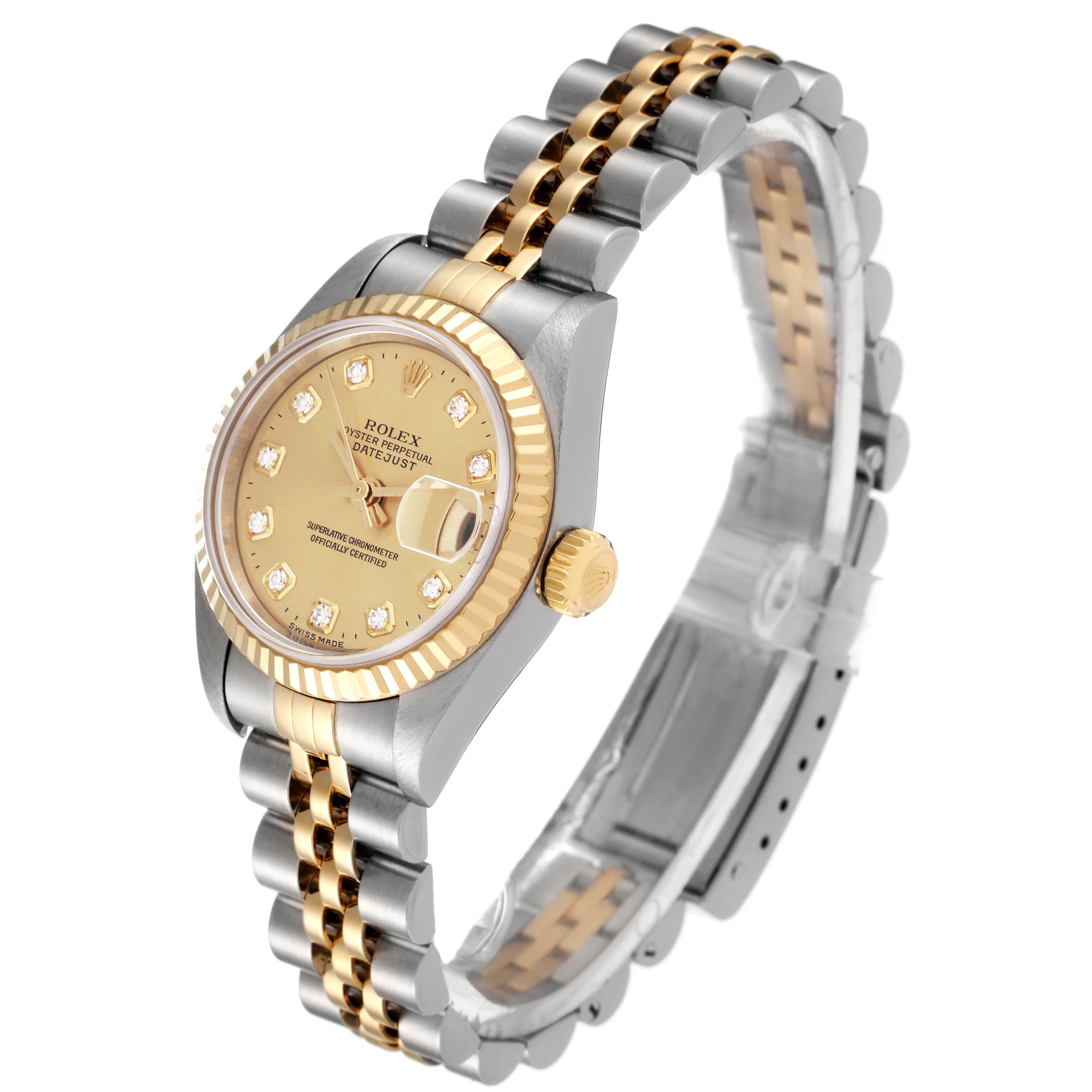The image shows an angled view of a Rolex Datejust 79173 Women's Steel and Gold (two tone) Champagne Dial 79173 Women's Steel and Gold (two tone) Champagne Dial watch, highlighting the dial, bezel, crown, and two-tone bracelet.