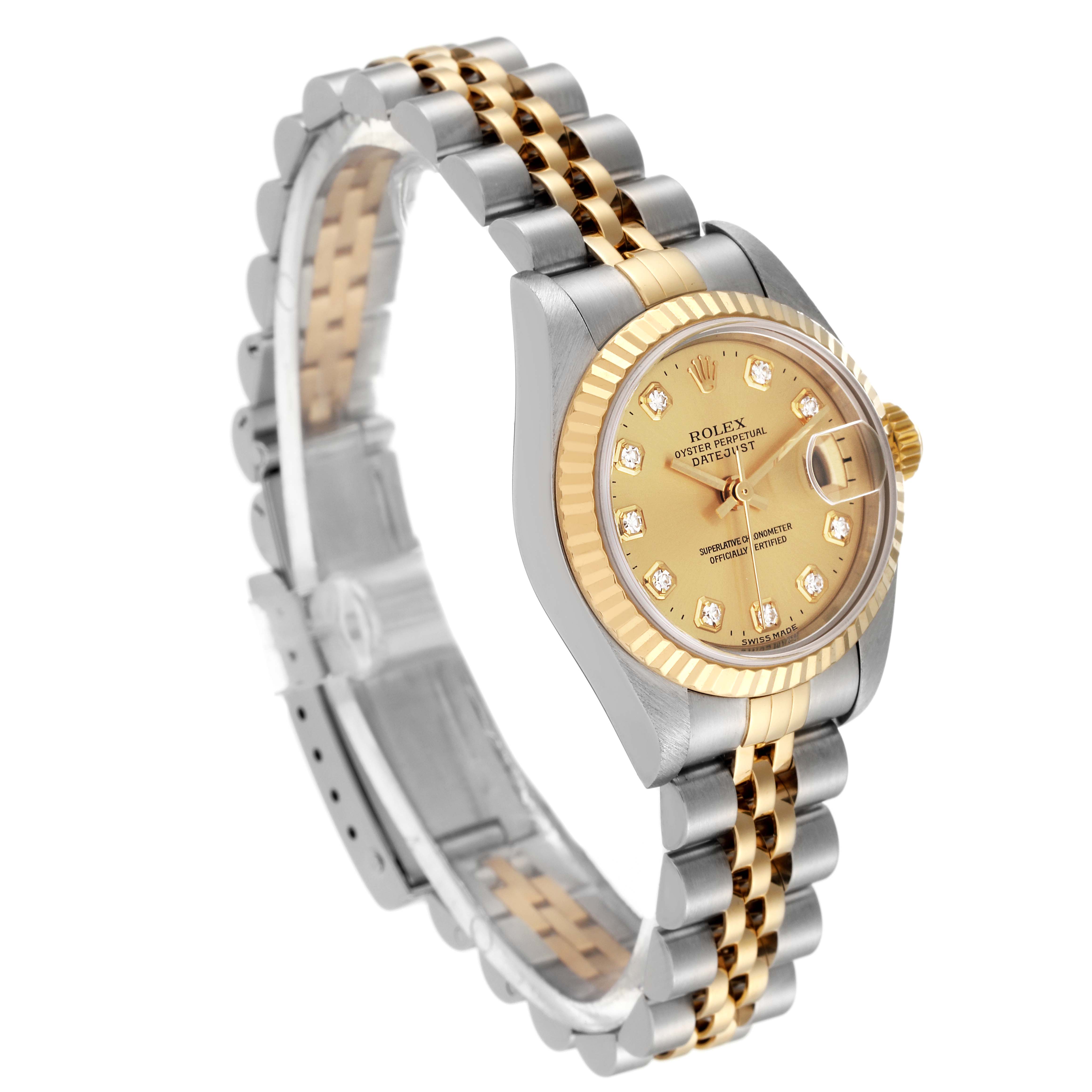 The image shows a Rolex Datejust 79173 Women's Steel and Gold (two tone) Champagne Dial 79173 Women's Steel and Gold (two tone) Champagne Dial watch from an angled side view, highlighting its gold dial, fluted bezel, and two-tone bracelet.