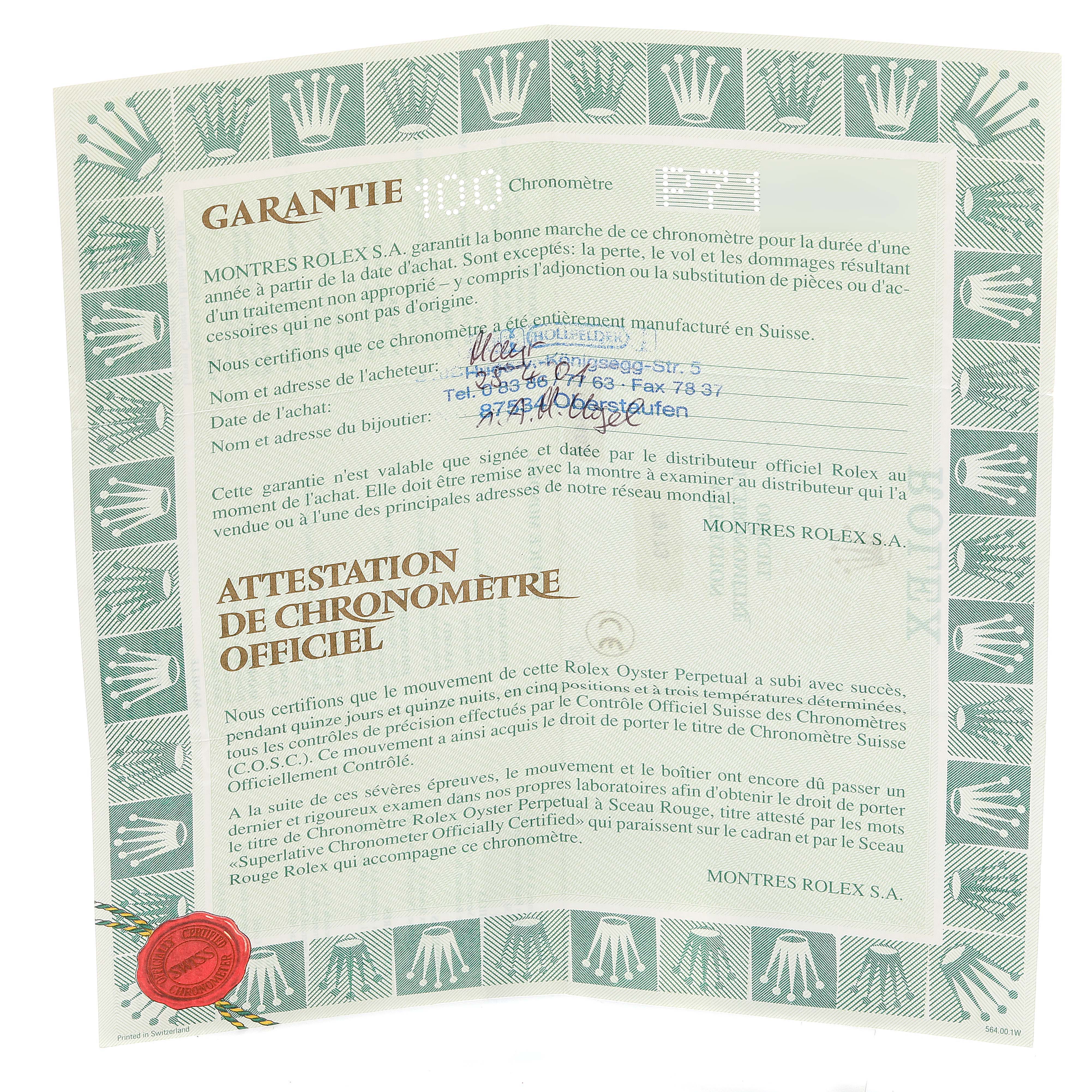 The image shows a warranty and official chronometer certificate for a Rolex Datejust 79173 Women's Steel and Gold (two tone) Champagne Dial 79173 Women's Steel and Gold (two tone) Champagne Dial model.