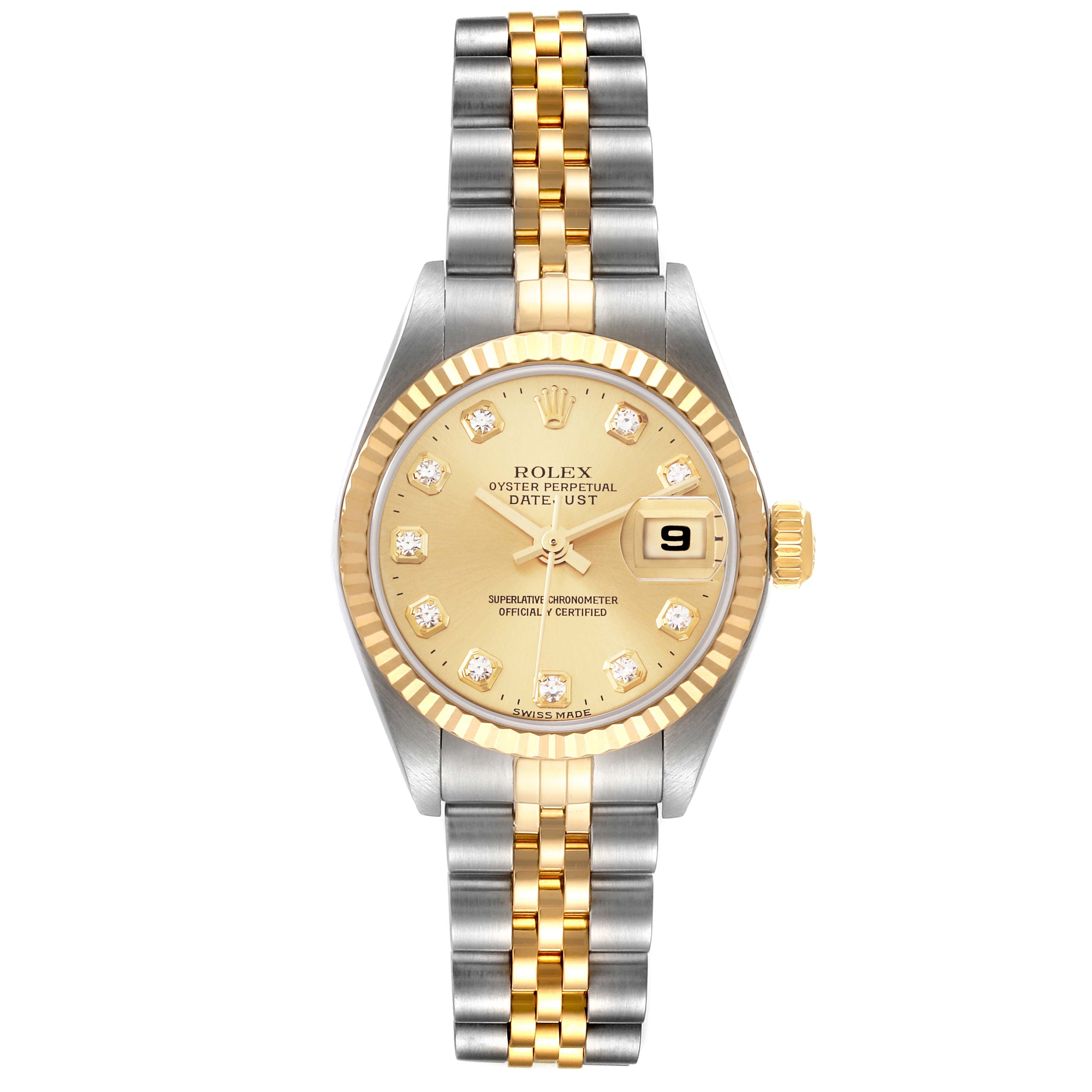 The image shows a front view of a Rolex Datejust 79173 Women's Steel and Gold (two tone) Champagne Dial 79173 Women's Steel and Gold (two tone) Champagne Dial watch, displaying its dial, bezel, and two-tone bracelet.