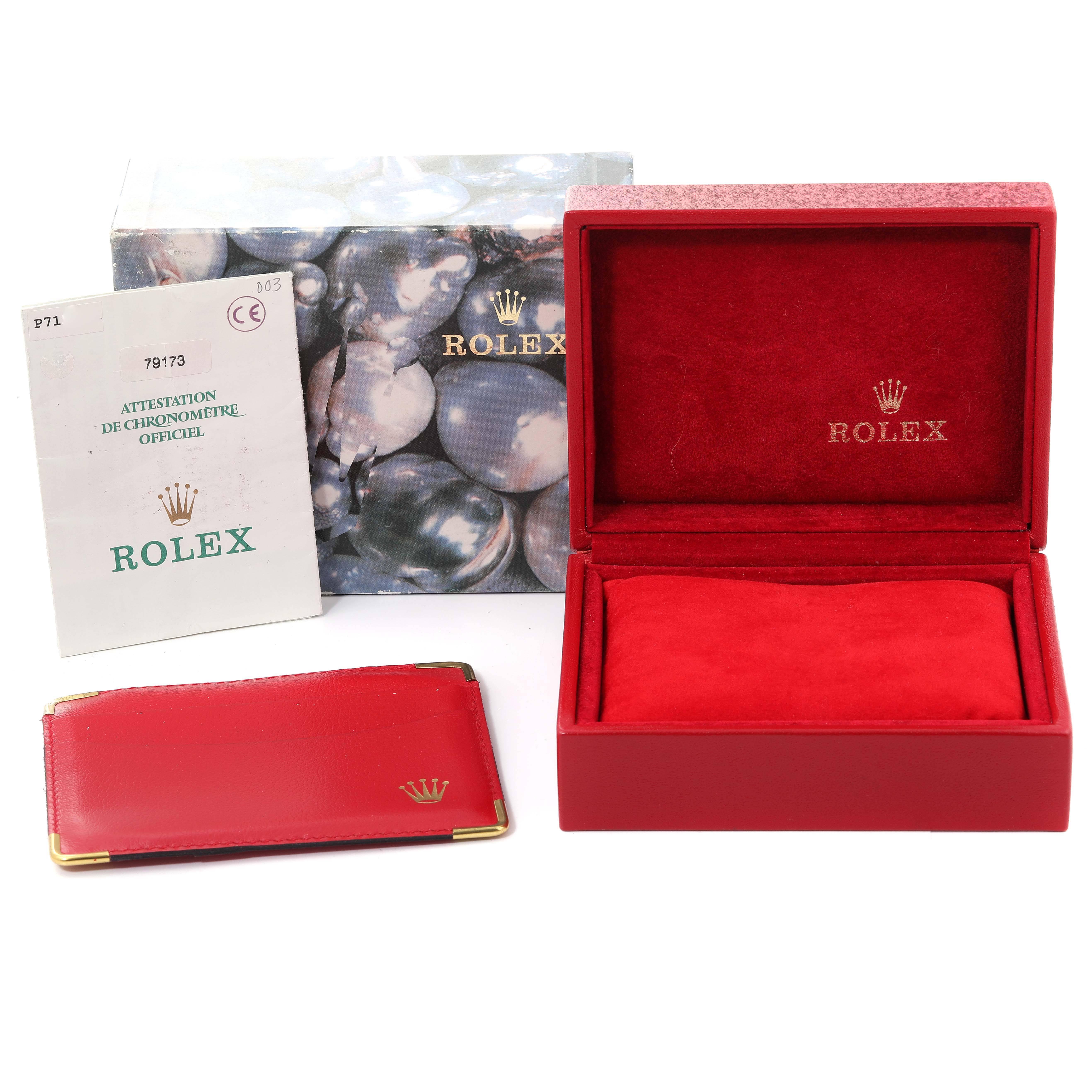 The image shows a Rolex Datejust 79173 Women's Steel and Gold (two tone) Champagne Dial 79173 Women's Steel and Gold (two tone) Champagne Dial watch box, outer box, warranty booklet, and red card holder.