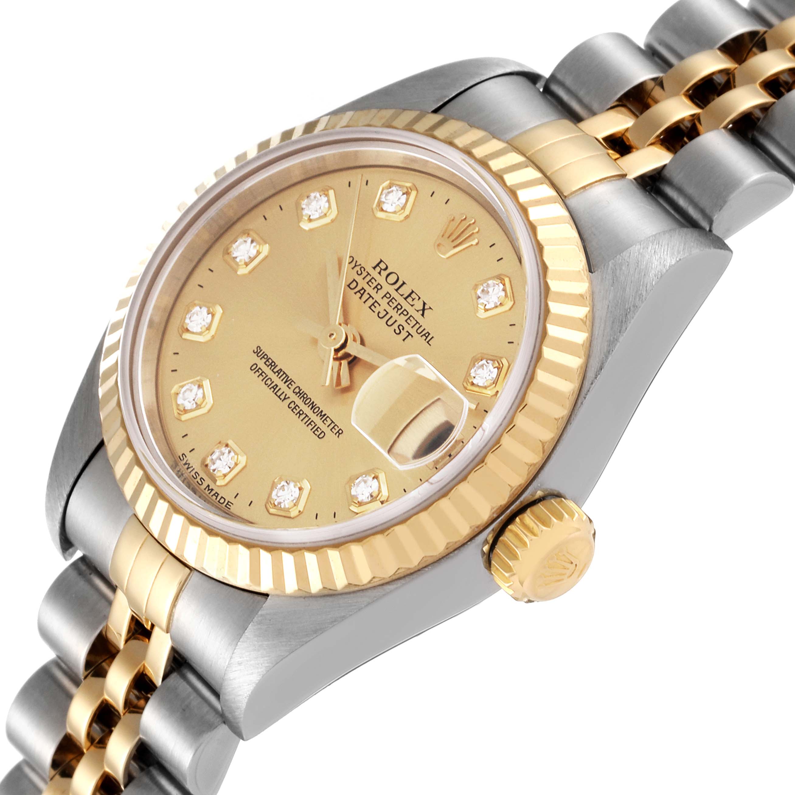 The image shows a close-up angle of a Rolex Datejust 79173 Women's Steel and Gold (two tone) Champagne Dial 79173 Women's Steel and Gold (two tone) Champagne Dial, highlighting the dial, bezel, and two-tone bracelet.