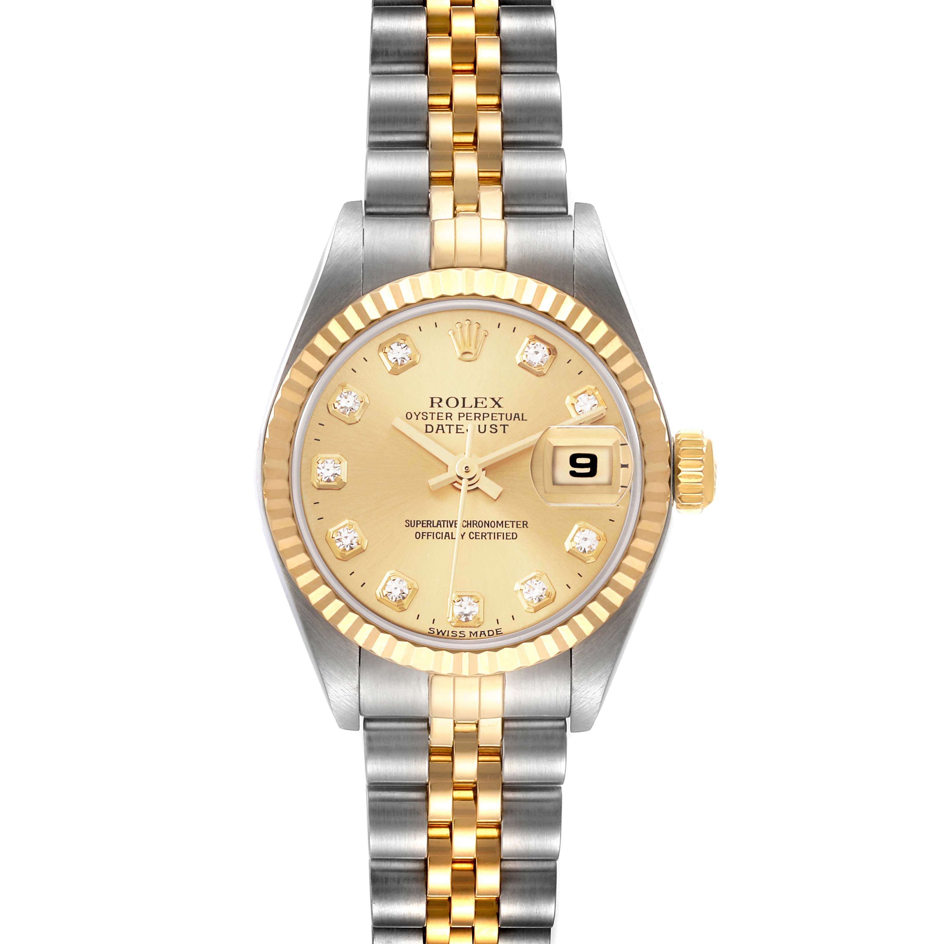 The image shows a frontal view of a Rolex Datejust 79173 Women's Steel and Gold (two tone) Champagne Dial 79173 Women's Steel and Gold (two tone) Champagne Dial watch, displaying its gold dial, fluted bezel, and two-tone bracelet.