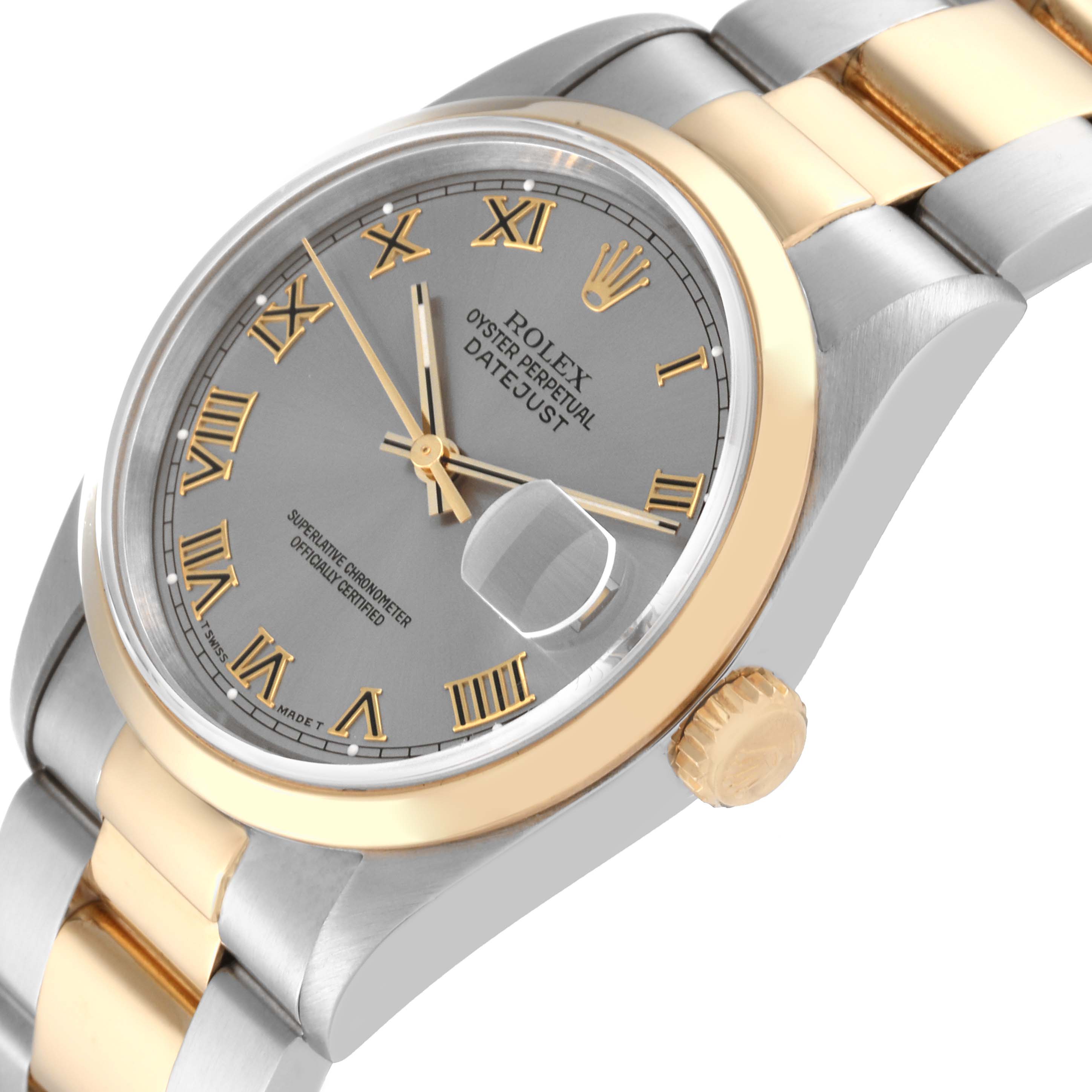 The Rolex Datejust 16203 Men's Steel and Gold (two tone) Grey Dial 16203 Men's Steel and Gold (two tone) Grey Dial watch is shown at an angled close-up, displaying the face, bezel, crown, and part of the bracelet.