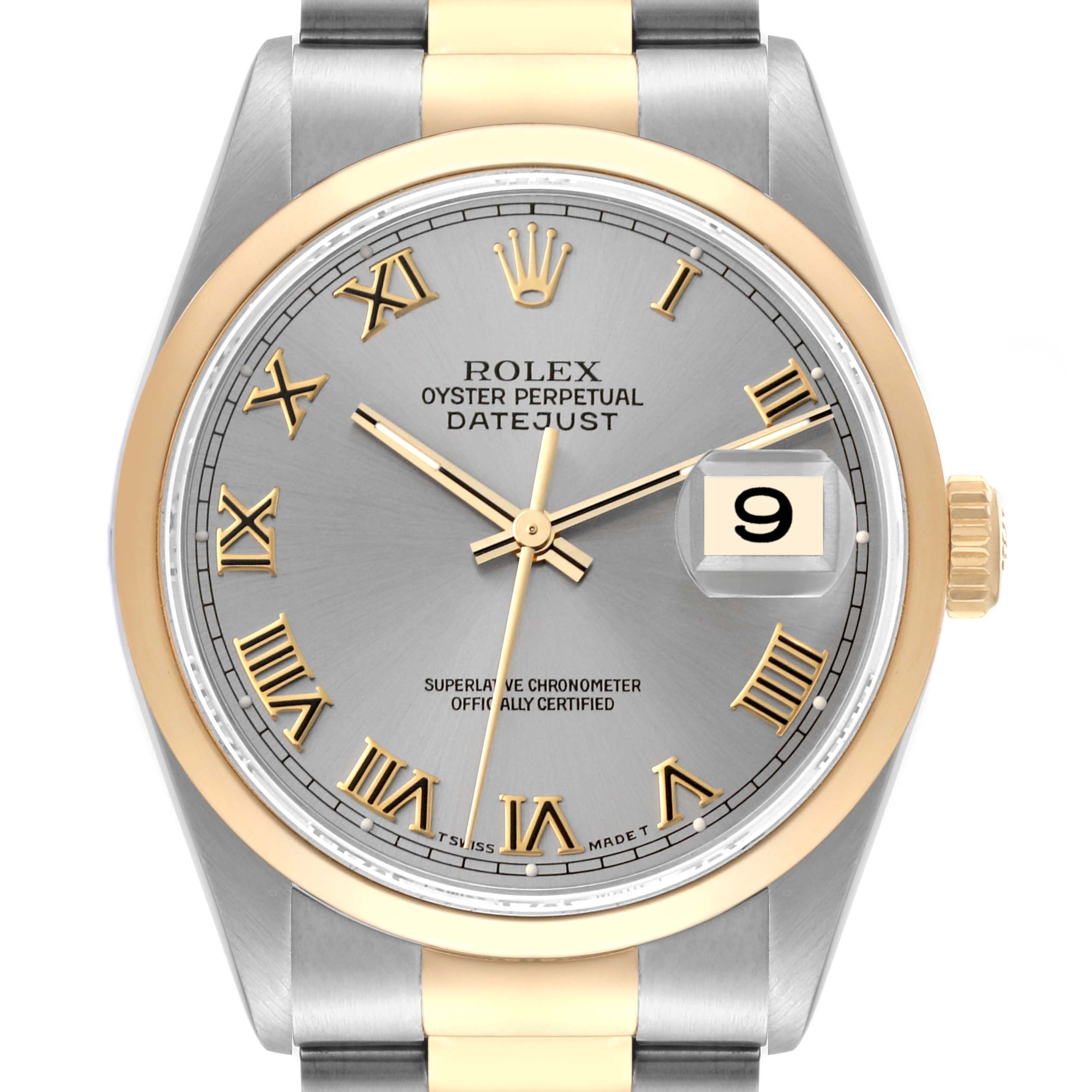 This is a close-up front view of a Rolex Datejust 16203 Men's Steel and Gold (two tone) Grey Dial 16203 Men's Steel and Gold (two tone) Grey Dial watch, showing the dial, hands, date display, and part of the bracelet.