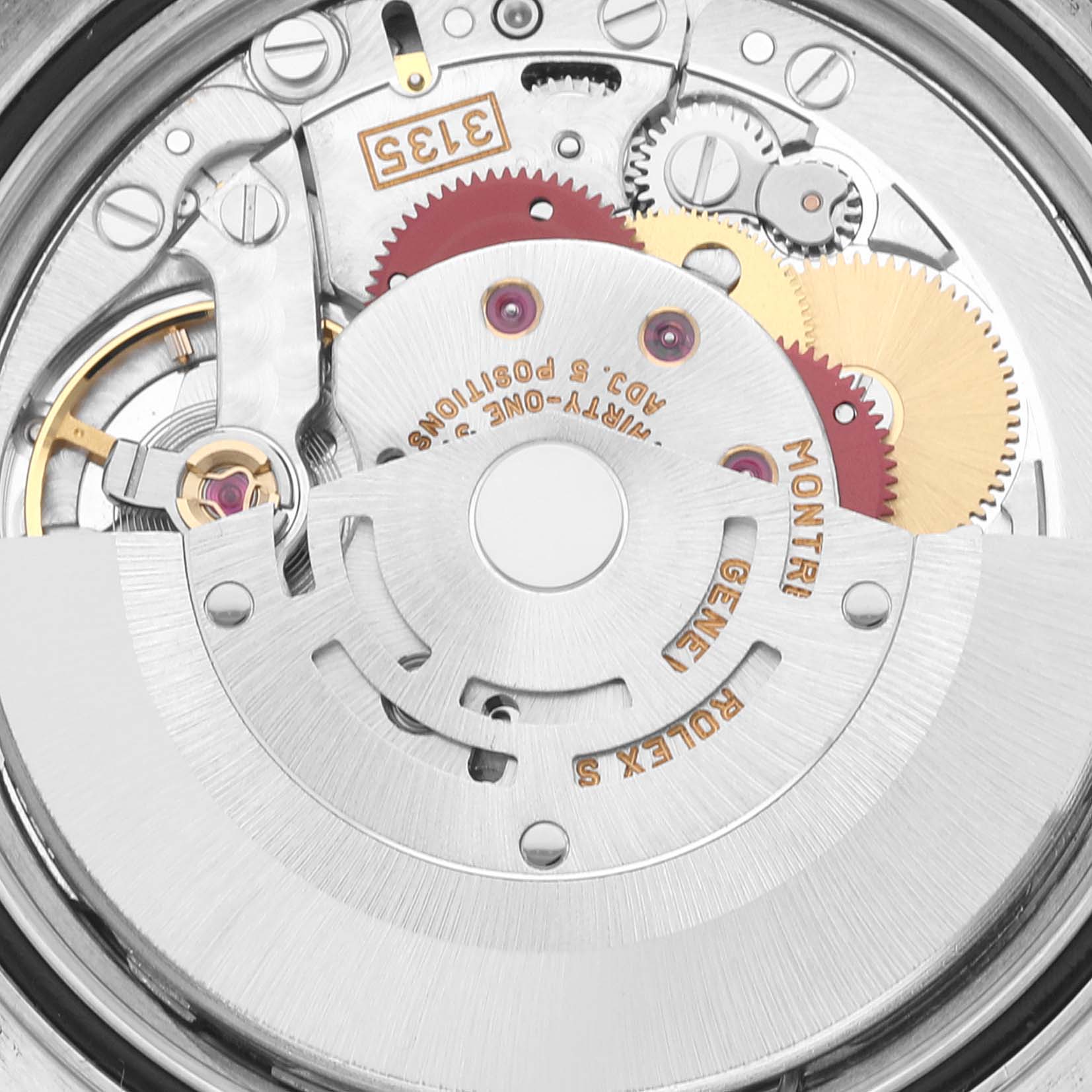 This image shows the inner mechanical movement of a Rolex Datejust 16203 Men's Steel and Gold (two tone) Grey Dial 16203 Men's Steel and Gold (two tone) Grey Dial watch from a close-up angle.