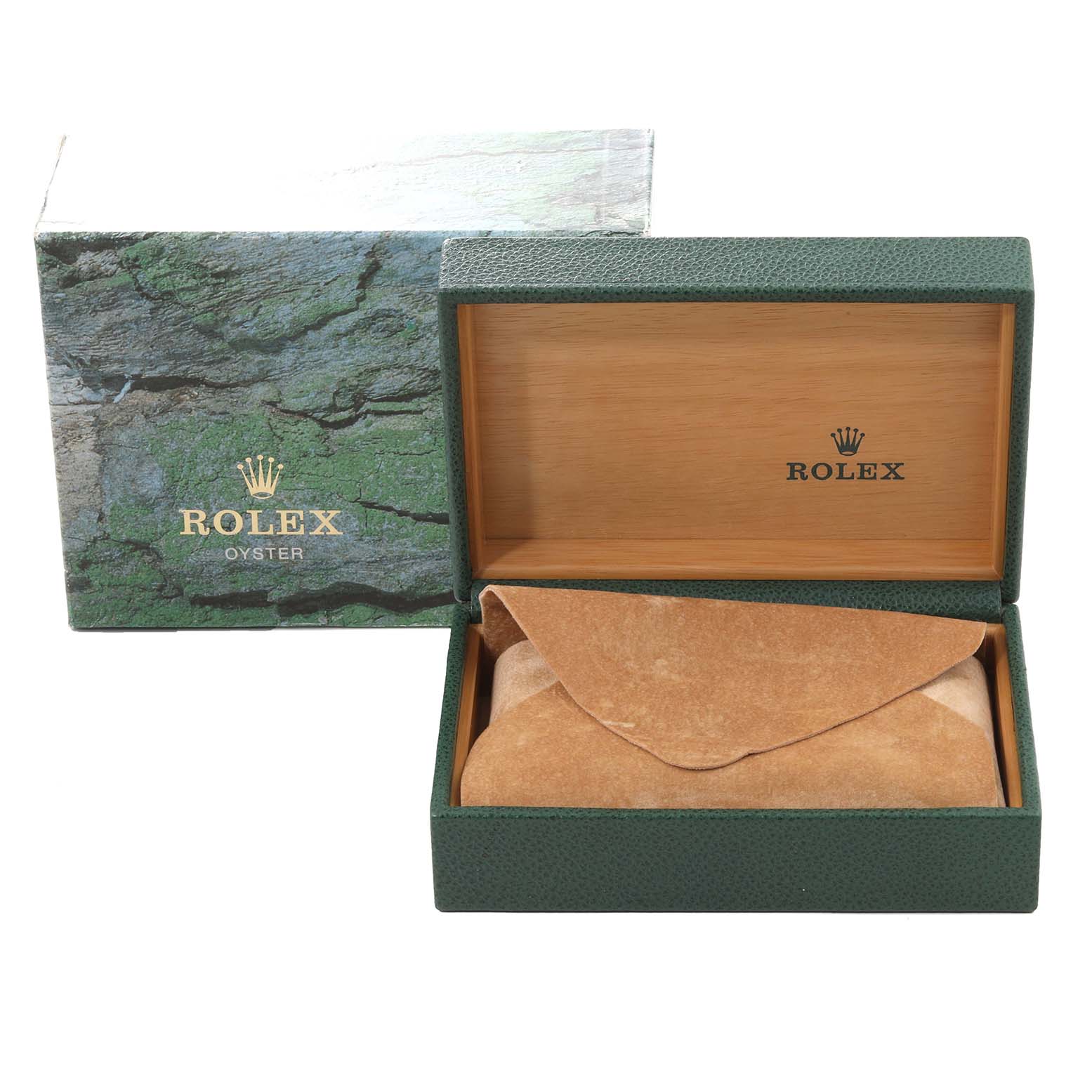 This image shows the packaging for a Rolex Datejust 16203 Men's Steel and Gold (two tone) Grey Dial 16203 Men's Steel and Gold (two tone) Grey Dial watch, including the outer box, inner box, and leather pouch.