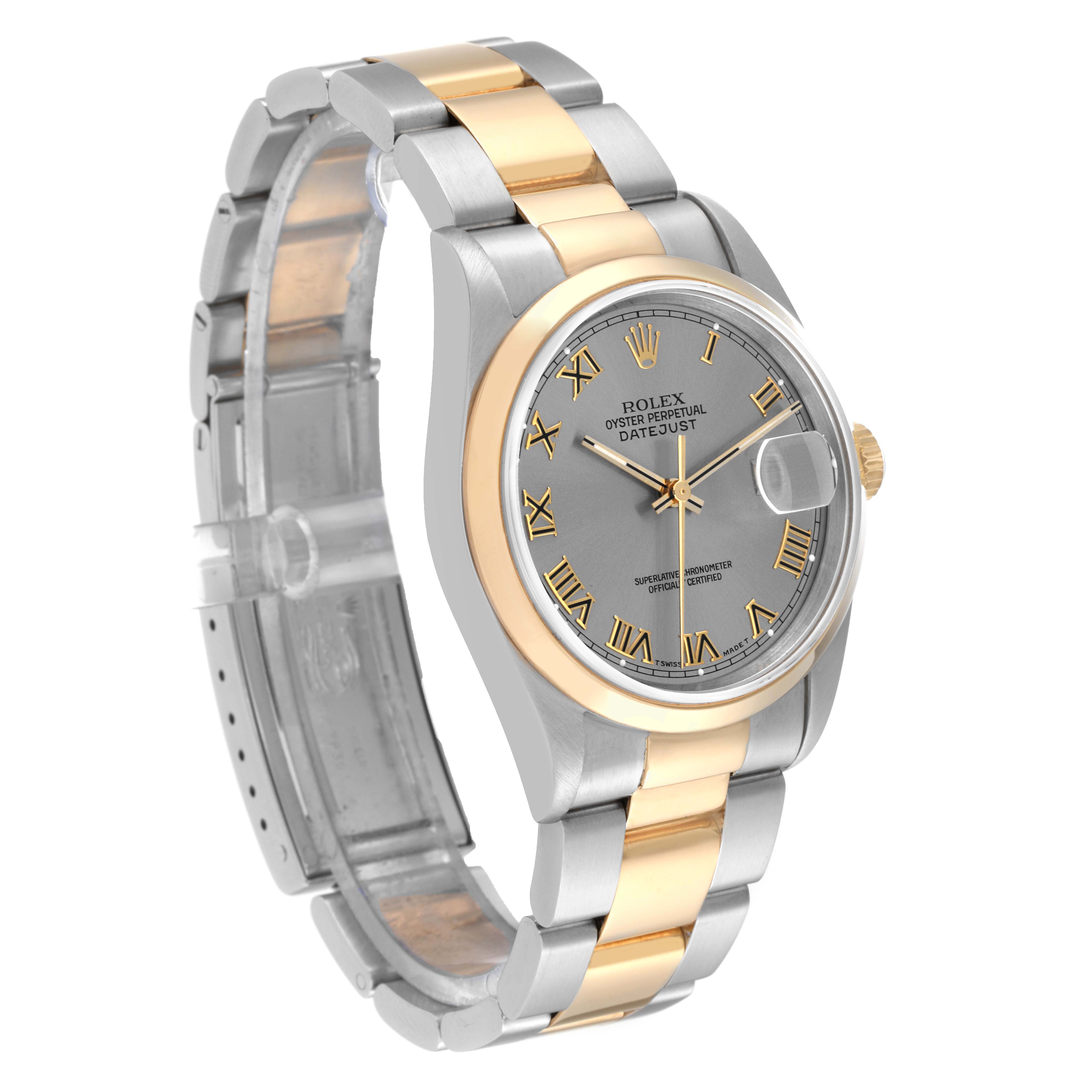 This Rolex Datejust 16203 Men's Steel and Gold (two tone) Grey Dial 16203 Men's Steel and Gold (two tone) Grey Dial watch is shown at a slight angle facing right, highlighting its bracelet, bezel, and dial.