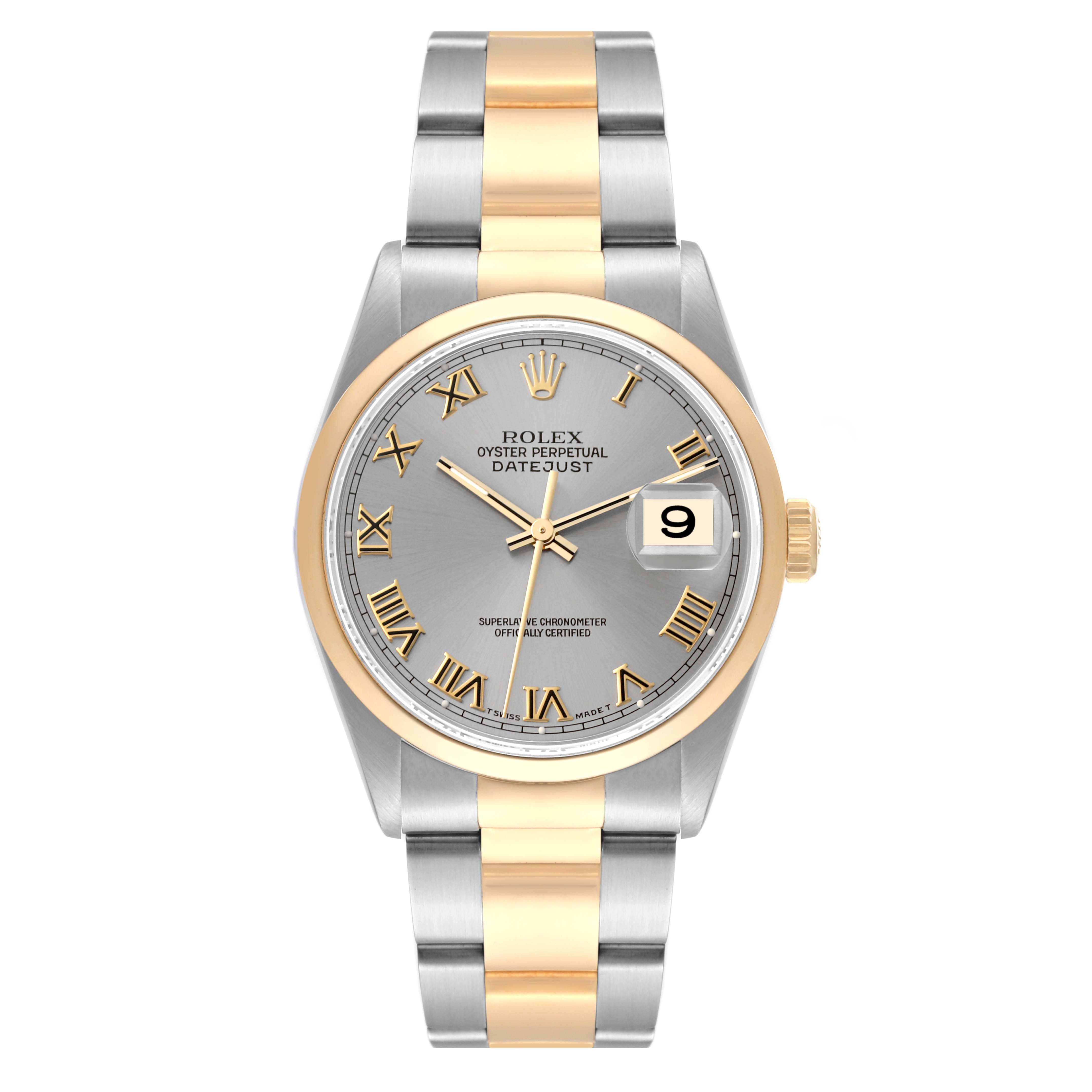 This image shows the front view of a Rolex Datejust 16203 Men's Steel and Gold (two tone) Grey Dial 16203 Men's Steel and Gold (two tone) Grey Dial watch, highlighting its dial, bezel, and two-tone bracelet.