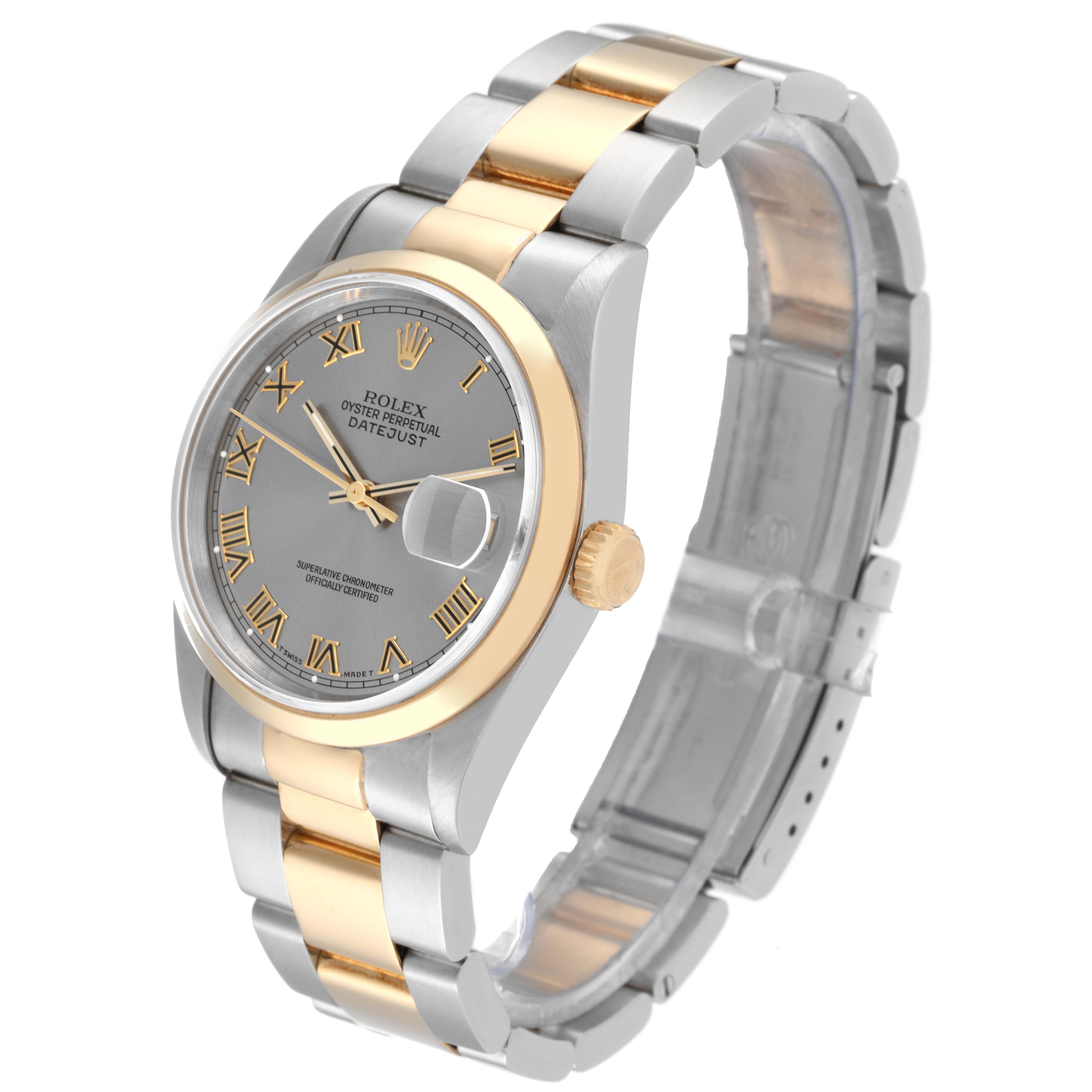 The image shows a Rolex Datejust 16203 Men's Steel and Gold (two tone) Grey Dial 16203 Men's Steel and Gold (two tone) Grey Dial watch at a slight angle displaying its face, bezel, crown, and two-tone bracelet.