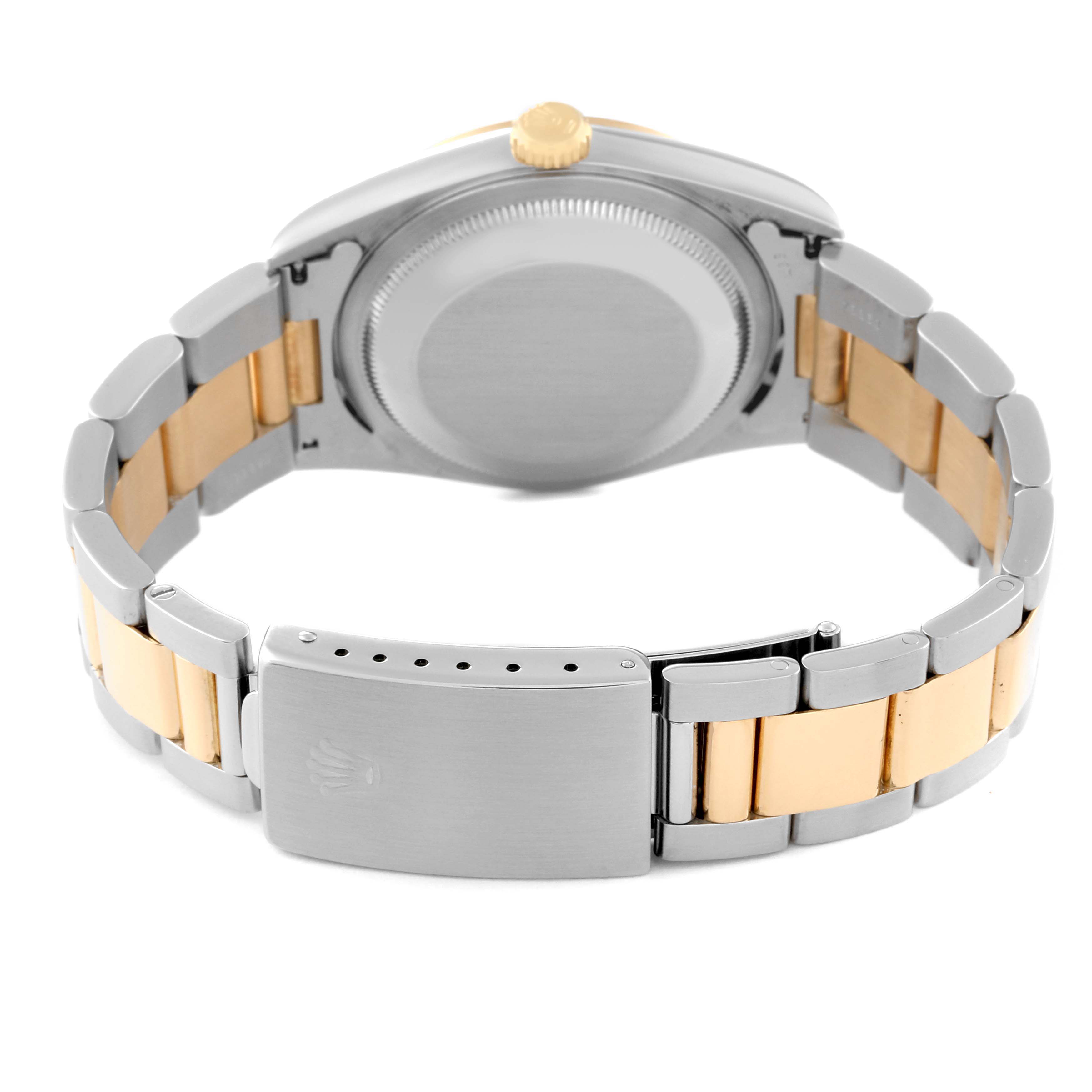 The image shows the back case and bracelet of a Rolex Datejust 16203 Men's Steel and Gold (two tone) Grey Dial 16203 Men's Steel and Gold (two tone) Grey Dial watch from a rear angle.