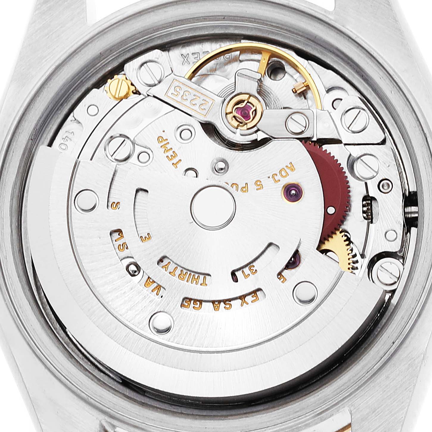 This image shows the movement and internal mechanism of a Rolex Datejust 79163 Women's Steel and Gold (two tone) Grey Dial 79163 Women's Steel and Gold (two tone) Grey Dial watch from a top-down view.