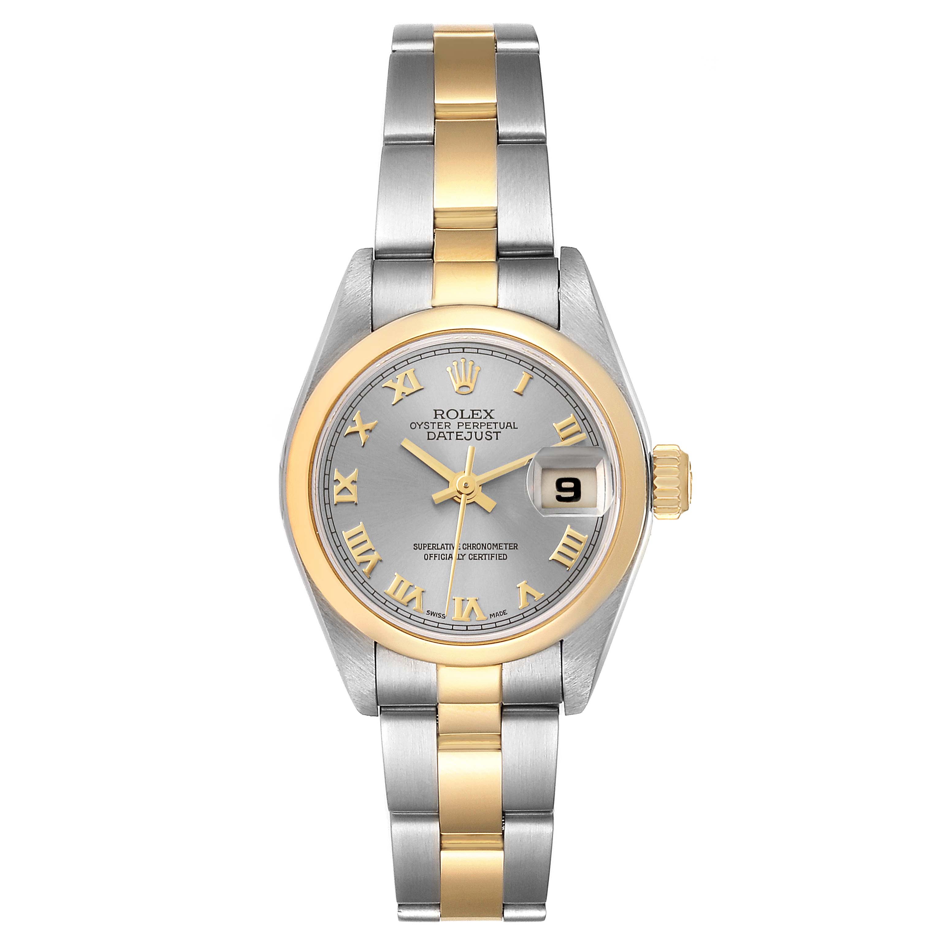 This image shows a frontal view of a Rolex Datejust 79163 Women's Steel and Gold (two tone) Grey Dial 79163 Women's Steel and Gold (two tone) Grey Dial watch, highlighting its two-tone bracelet, bezel, hands, and date display.