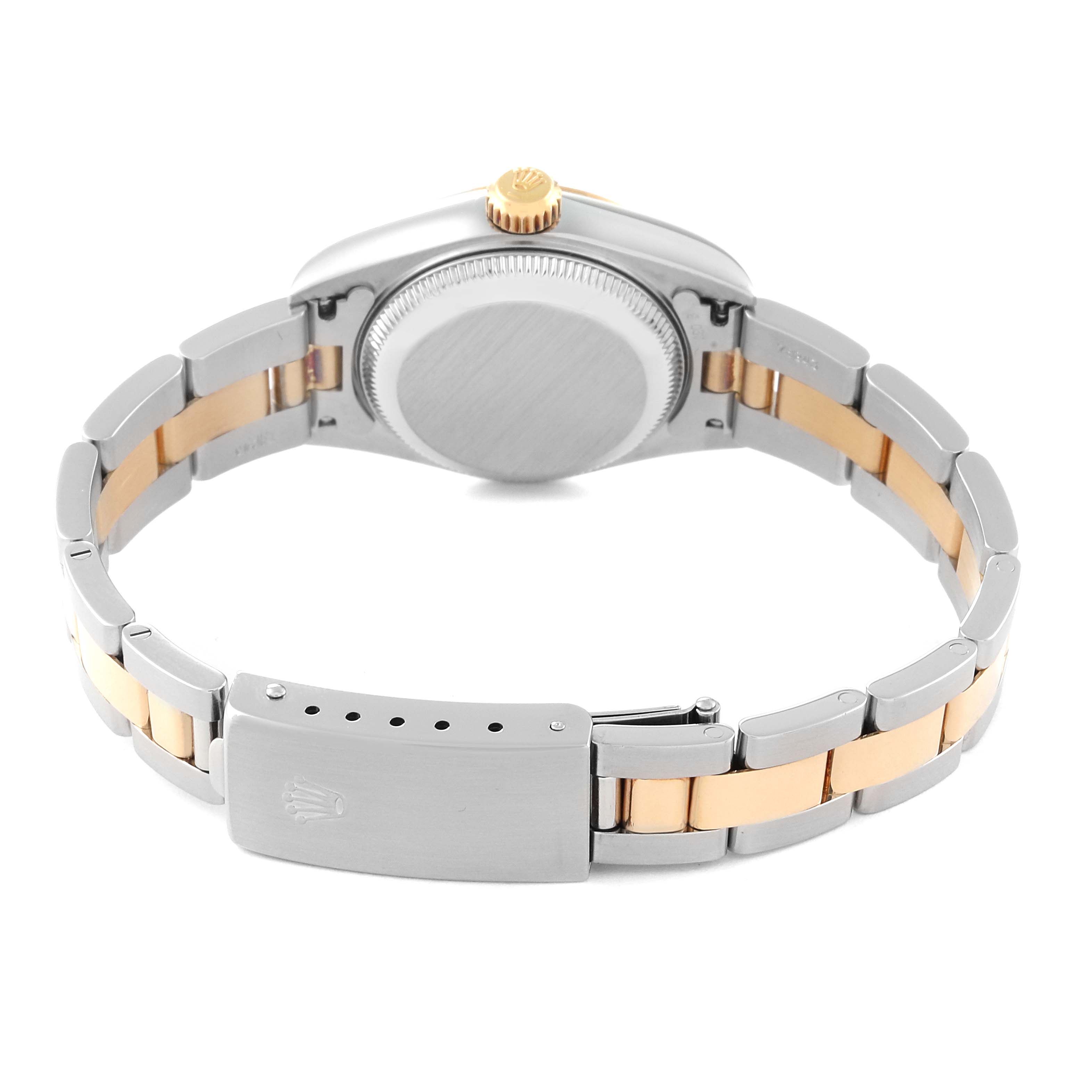 The image shows the back view of a Rolex Datejust 79163 Women's Steel and Gold (two tone) Grey Dial 79163 Women's Steel and Gold (two tone) Grey Dial watch, focusing on its case, crown, and two-tone bracelet.