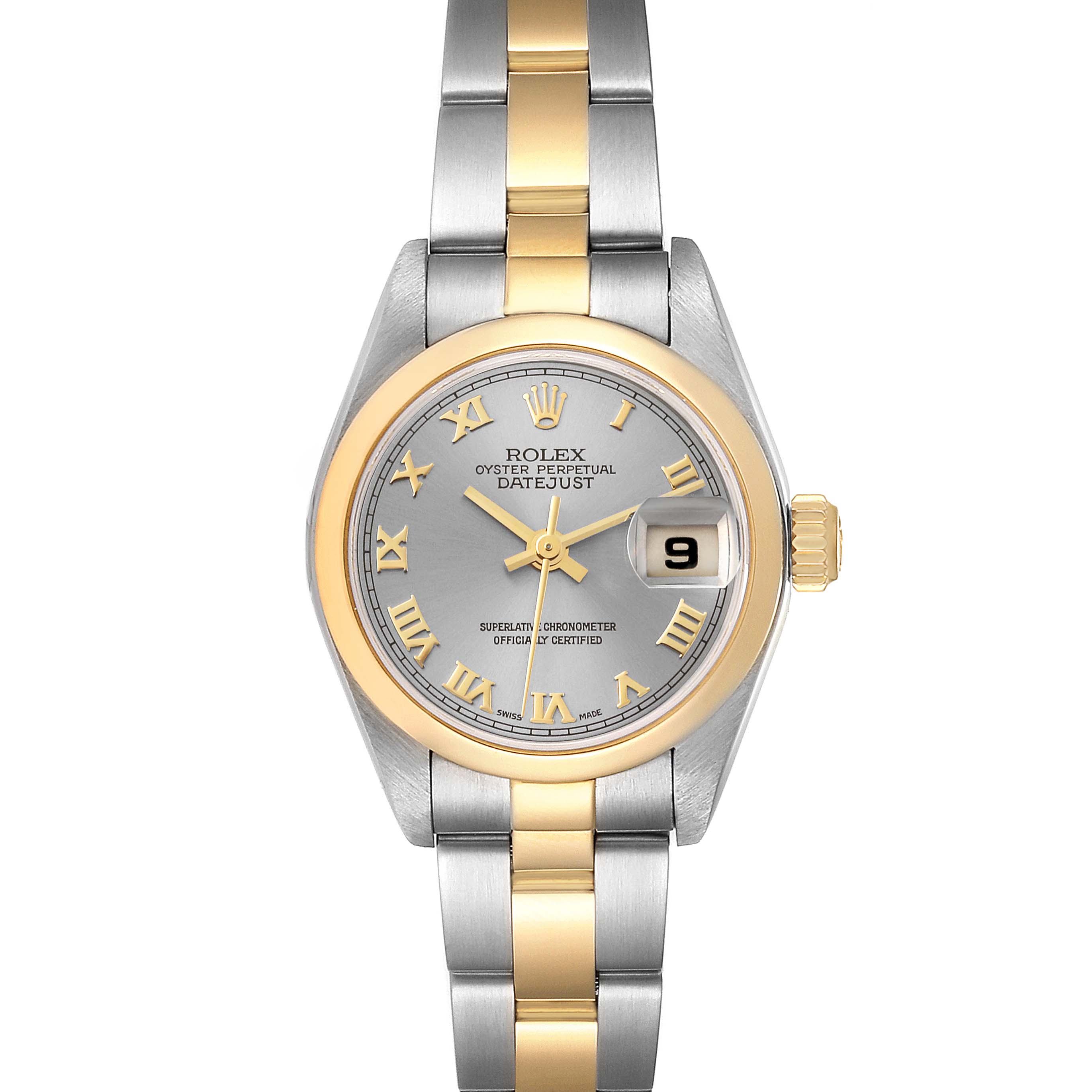 The Rolex Datejust 79163 Women's Steel and Gold (two tone) Grey Dial 79163 Women's Steel and Gold (two tone) Grey Dial watch is shown from a front angle, highlighting its silver and gold bracelet, dial, and date display.