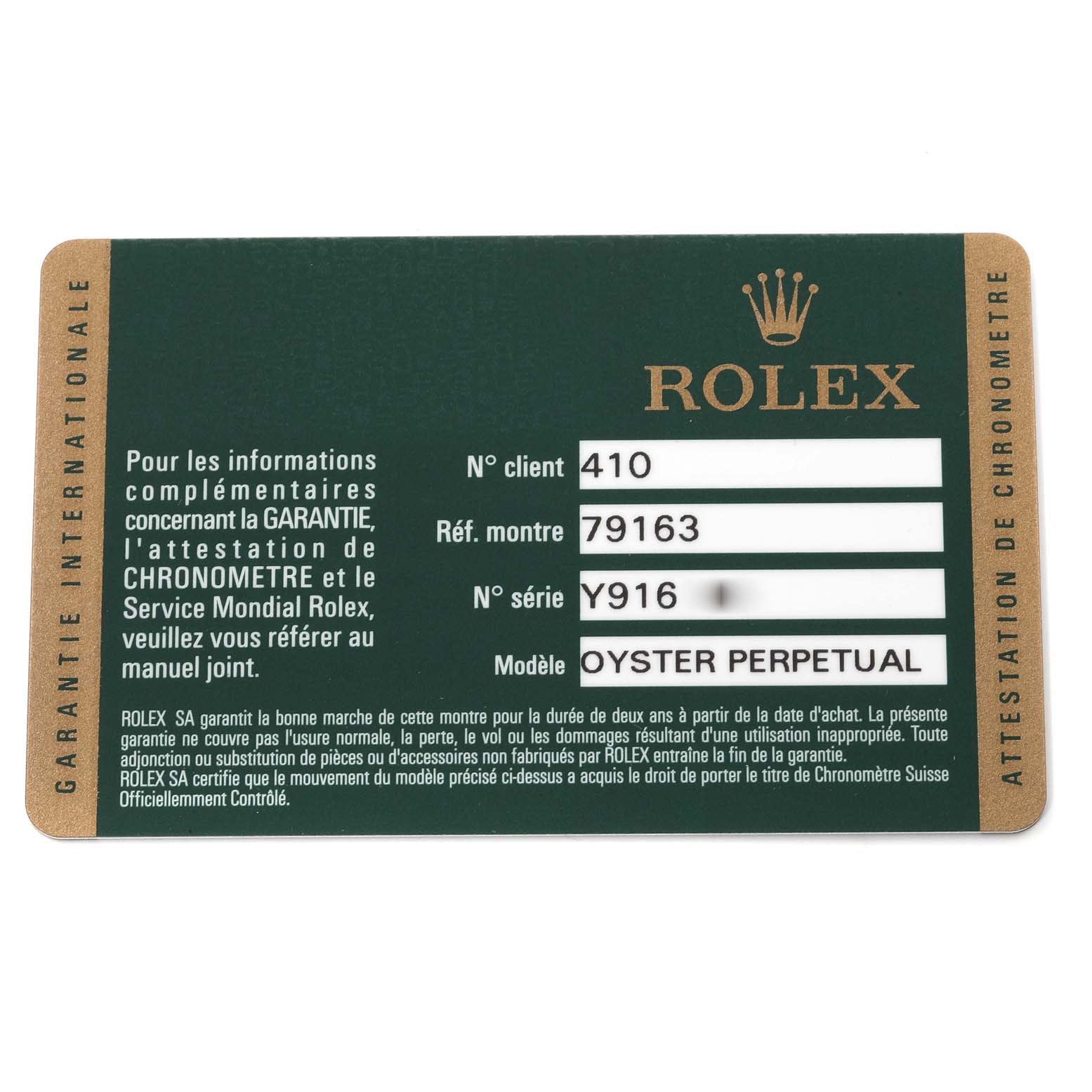 This is a warranty card for a Rolex Datejust 79163 Women's Steel and Gold (two tone) Grey Dial 79163 Women's Steel and Gold (two tone) Grey Dial displaying client number, reference number, serial number, and model details.