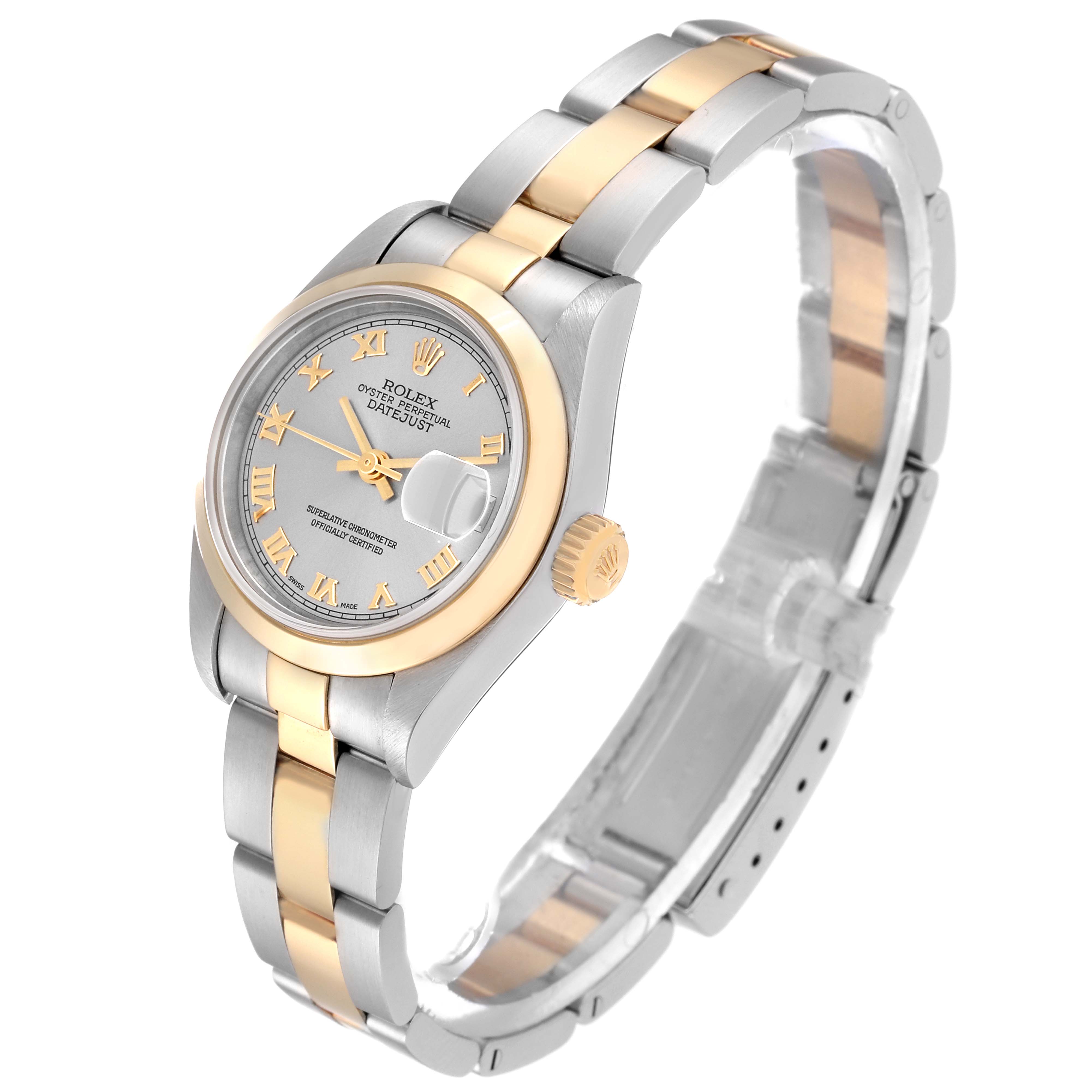 The image shows a side profile of a Rolex Datejust 79163 Women's Steel and Gold (two tone) Grey Dial 79163 Women's Steel and Gold (two tone) Grey Dial model, highlighting the dial, bezel, crown, and bracelet.