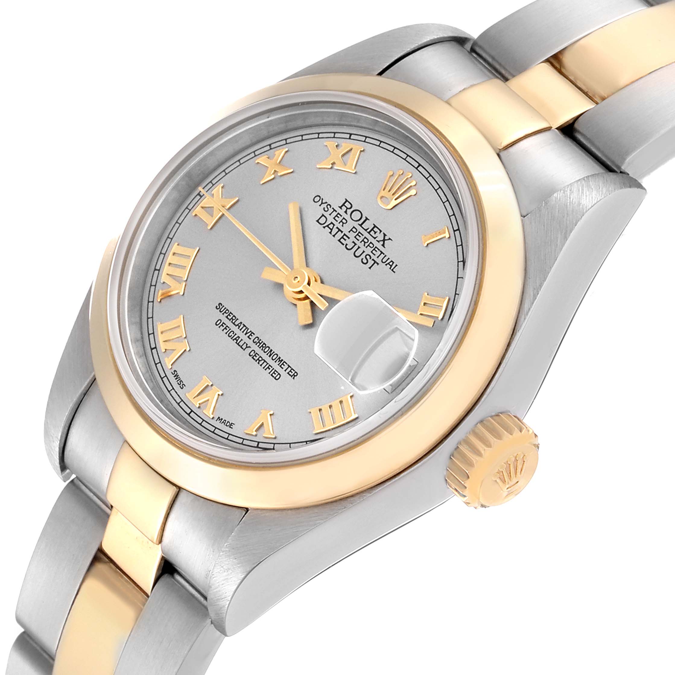 The Rolex Datejust 79163 Women's Steel and Gold (two tone) Grey Dial 79163 Women's Steel and Gold (two tone) Grey Dial watch is shown at an angle, highlighting the dial, bezel, crown, and part of the bracelet.