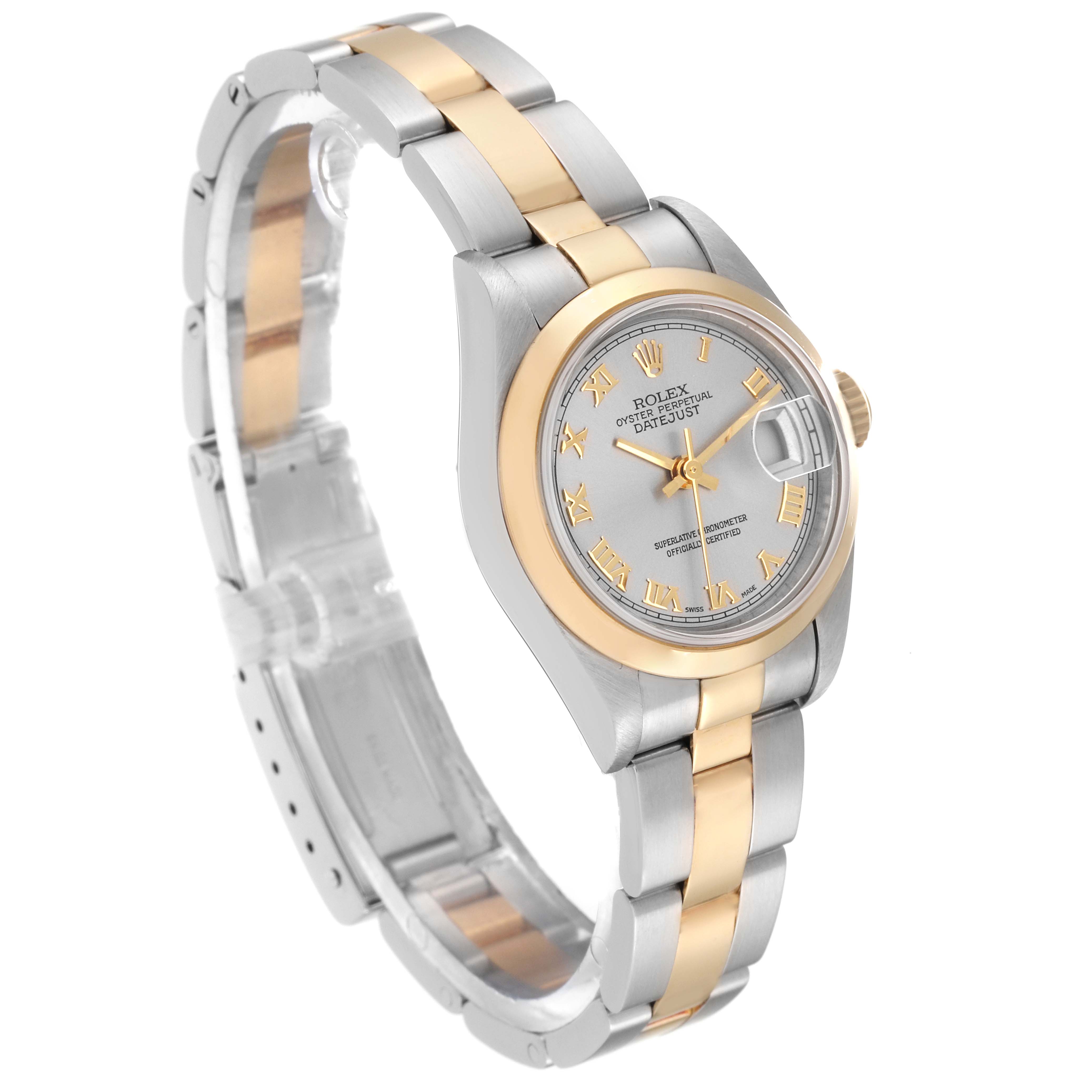 This image shows a Rolex Datejust 79163 Women's Steel and Gold (two tone) Grey Dial 79163 Women's Steel and Gold (two tone) Grey Dial watch at a slight angle, revealing its dial, bezel, bracelet, and crown.