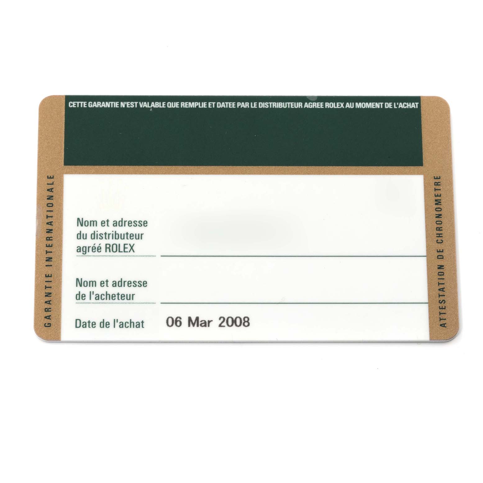 This image shows a warranty card for the Rolex Datejust 79163 Women's Steel and Gold (two tone) Grey Dial 79163 Women's Steel and Gold (two tone) Grey Dial model, with spaces for retailer and purchaser information, and the purchase date.