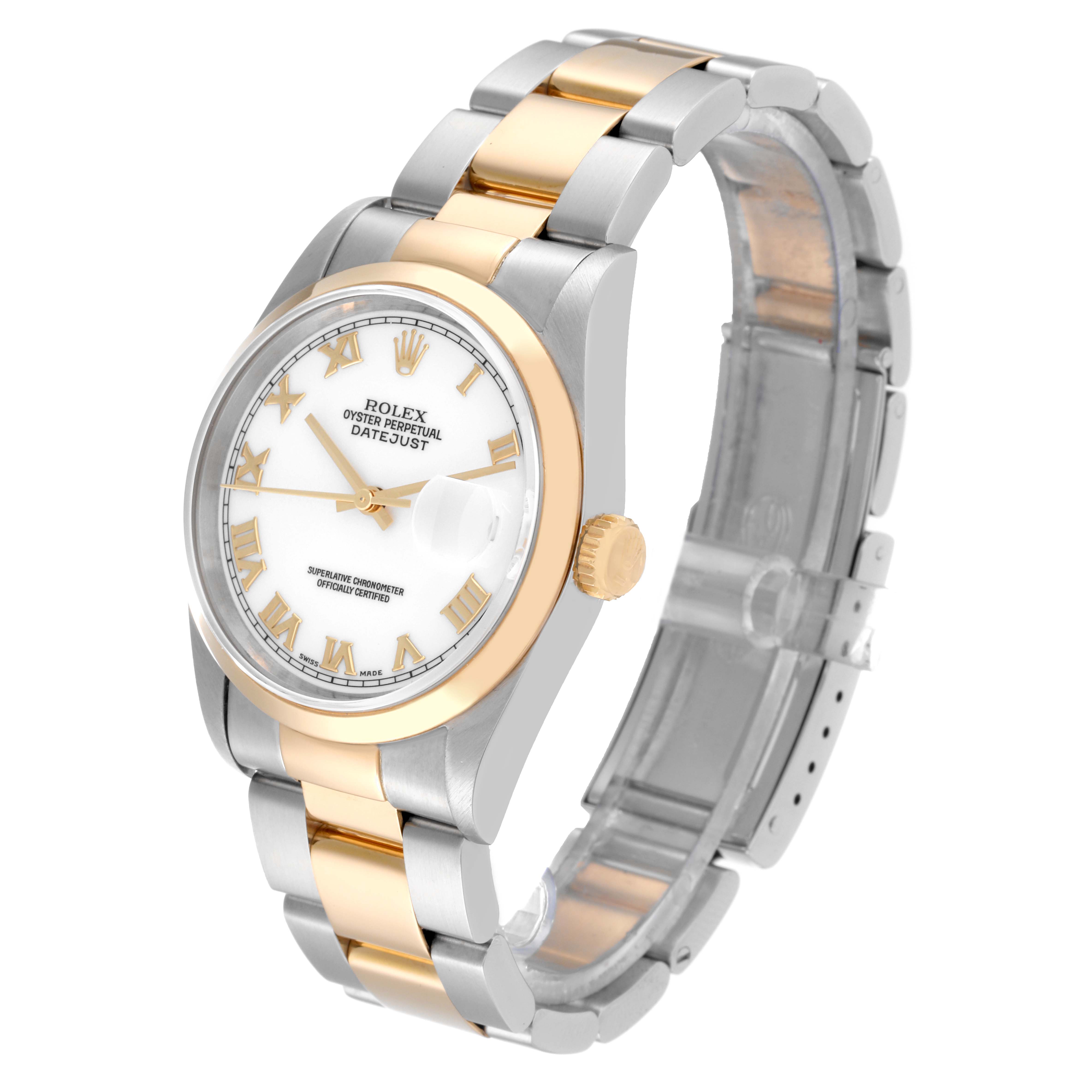 The Rolex Datejust 16203 Men's Steel and Gold (two tone) White Dial 16203 Men's Steel and Gold (two tone) White Dial watch is shown at a slight angle, highlighting its face, bezel, crown, and two-tone bracelet.