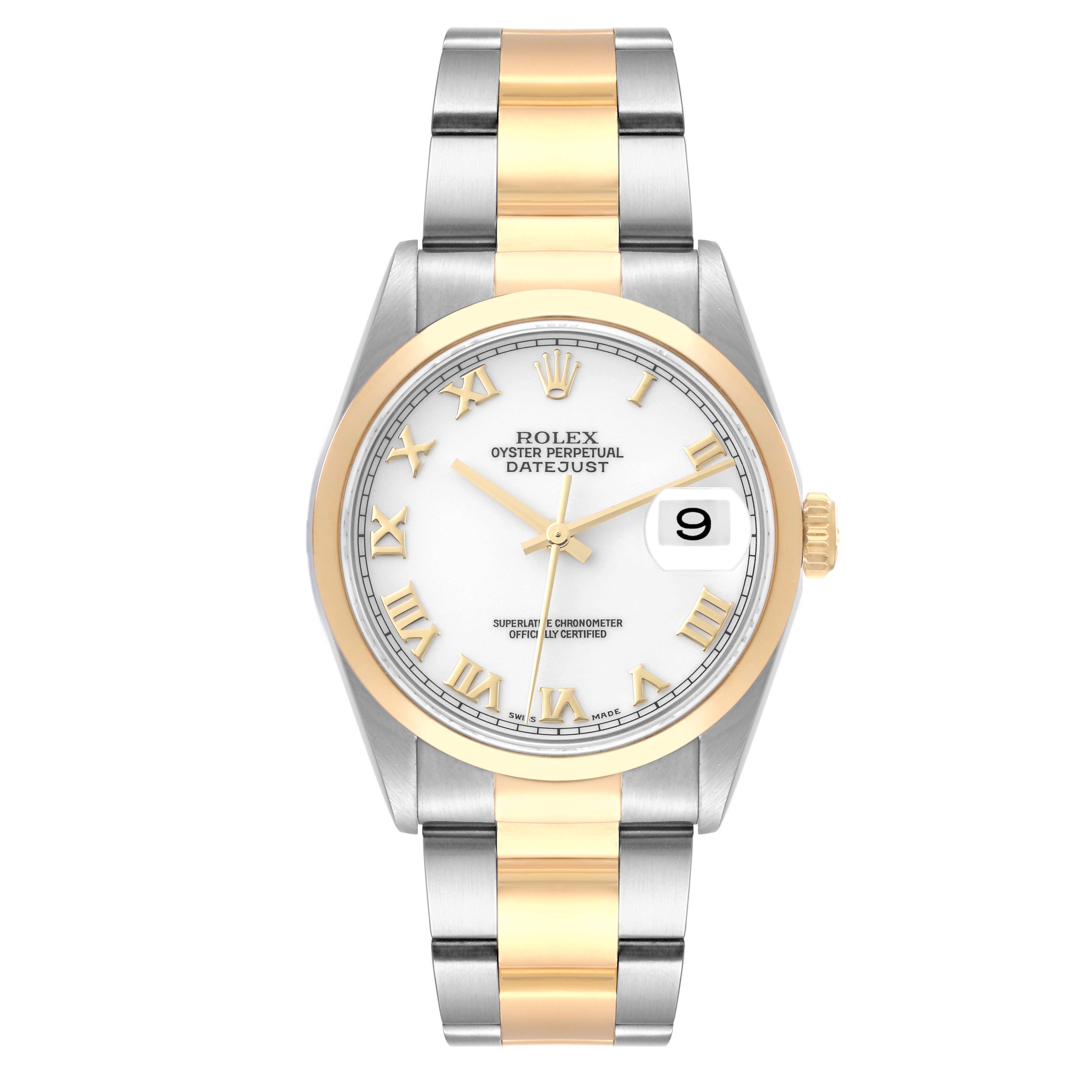 The Rolex Datejust 16203 Men's Steel and Gold (two tone) White Dial 16203 Men's Steel and Gold (two tone) White Dial watch is shown from a front angle, displaying its face, bezel, and two-tone bracelet.