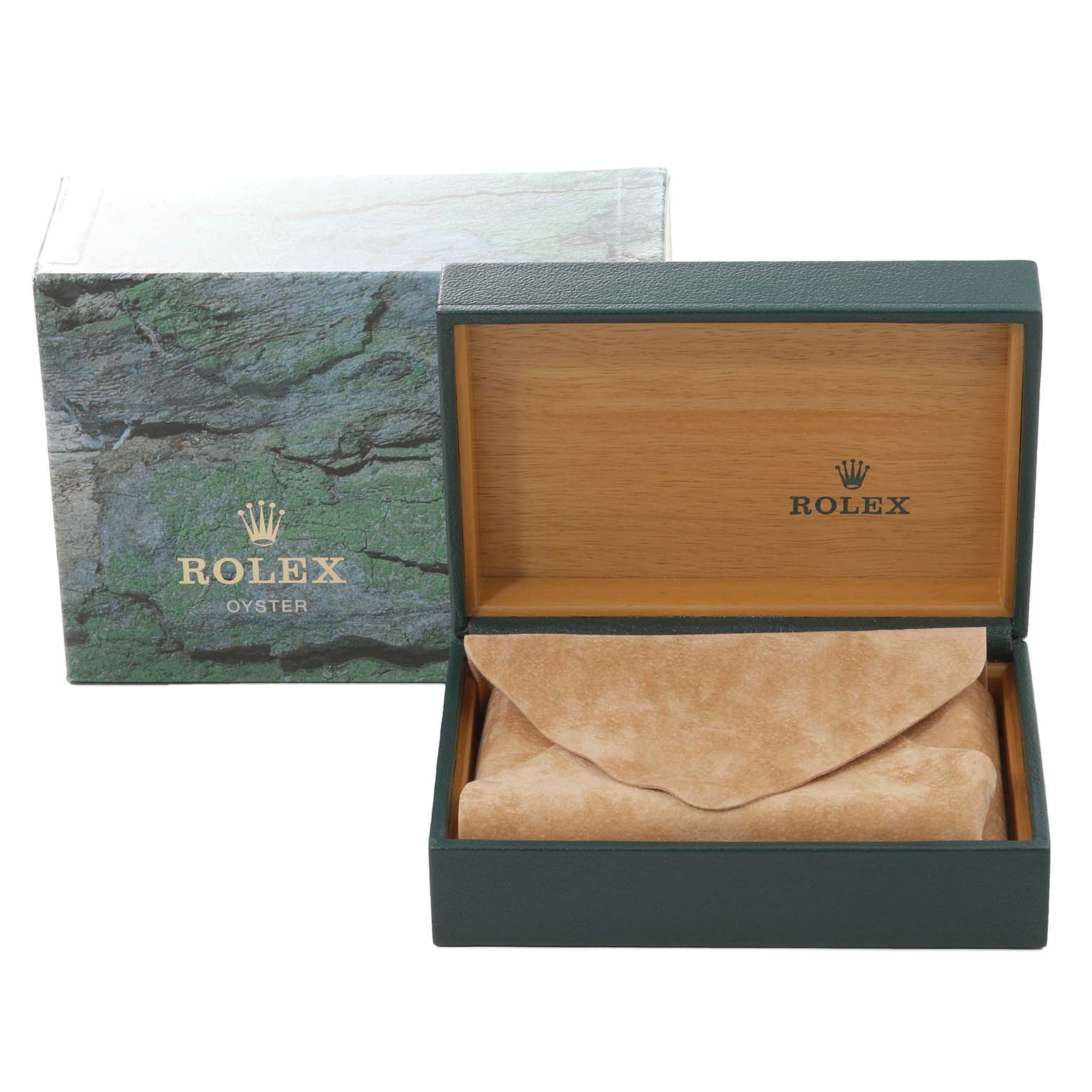 The image shows the box and interior case for a Rolex Datejust 16203 Men's Steel and Gold (two tone) White Dial 16203 Men's Steel and Gold (two tone) White Dial, including the outer box and inner suede-covered cushion.