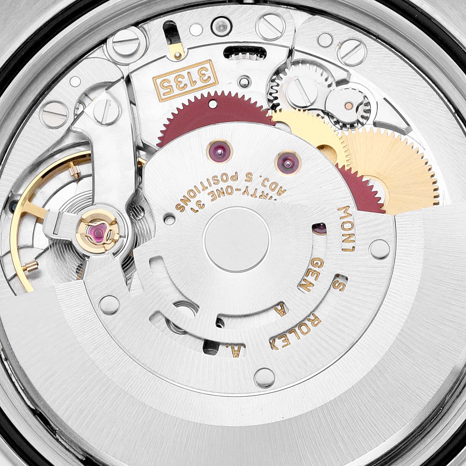 The image shows a close-up of the inner mechanical movement of a Rolex Datejust 16203 Men's Steel and Gold (two tone) White Dial 16203 Men's Steel and Gold (two tone) White Dial watch, displaying gears and intricate components.