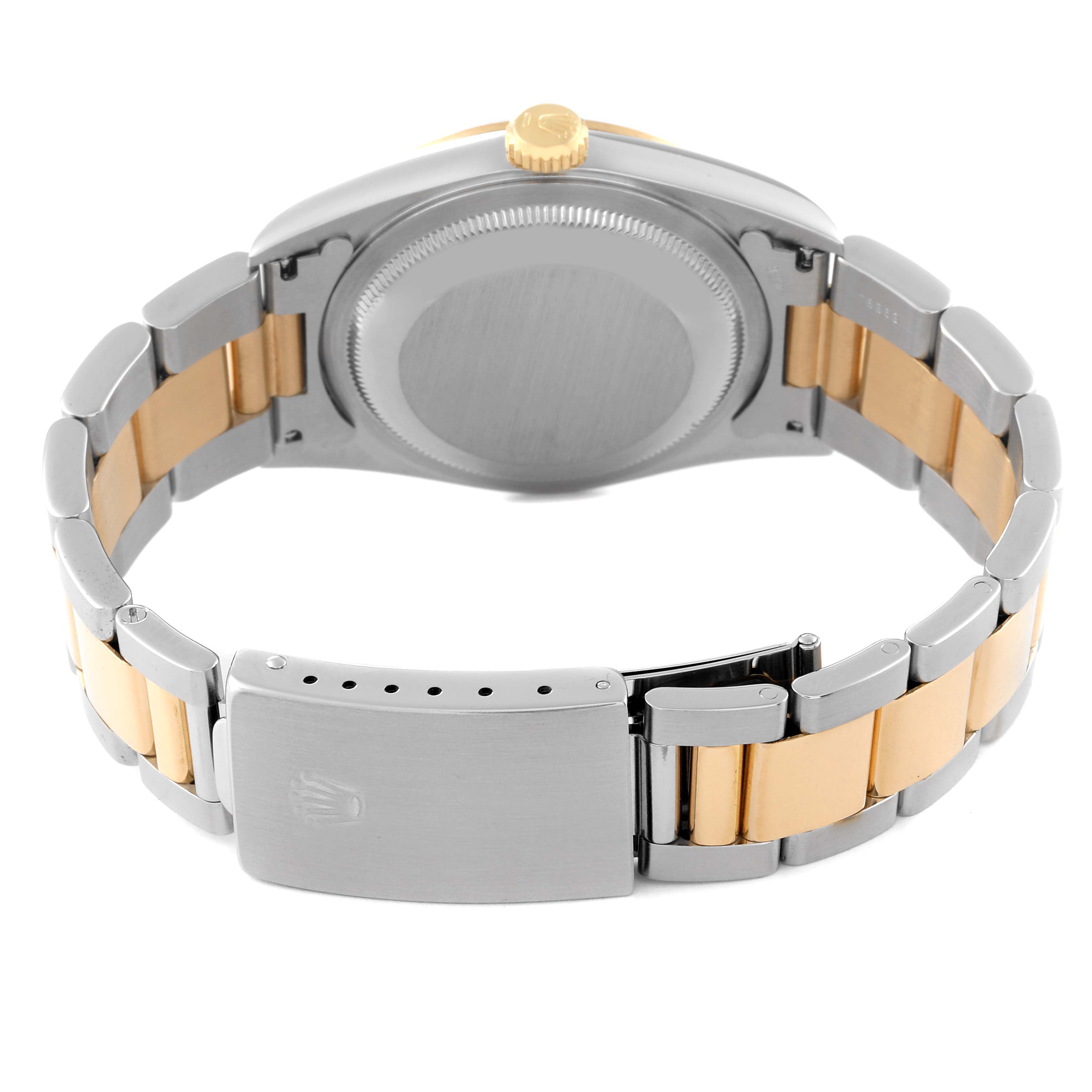 The image shows the back and clasp of a Rolex Datejust 16203 Men's Steel and Gold (two tone) White Dial 16203 Men's Steel and Gold (two tone) White Dial model, highlighting the two-tone bracelet and crown.