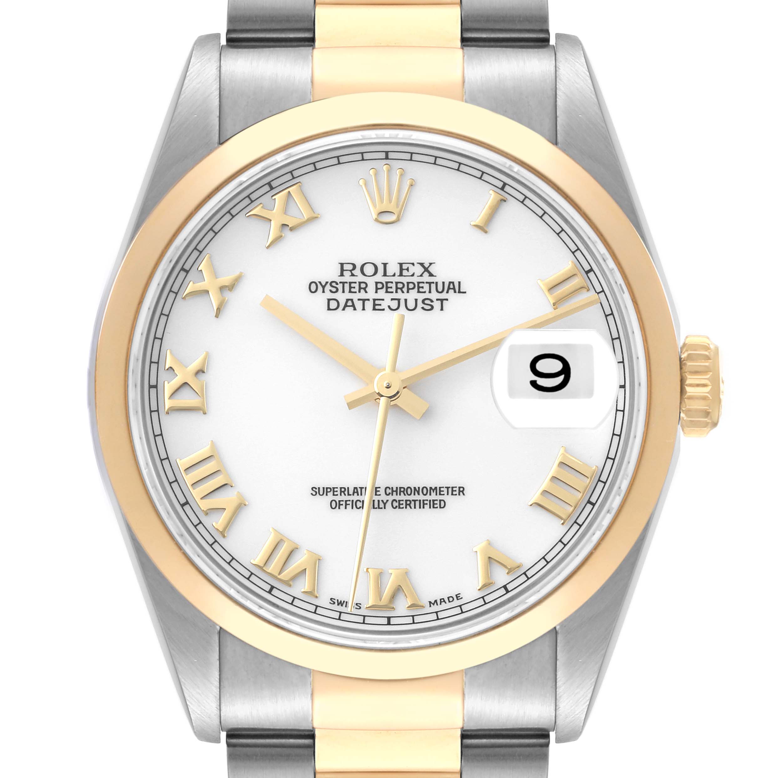 The image shows a frontal view of a Rolex Datejust 16203 Men's Steel and Gold (two tone) White Dial 16203 Men's Steel and Gold (two tone) White Dial watch, highlighting its dial, bezel, and the bracelet.