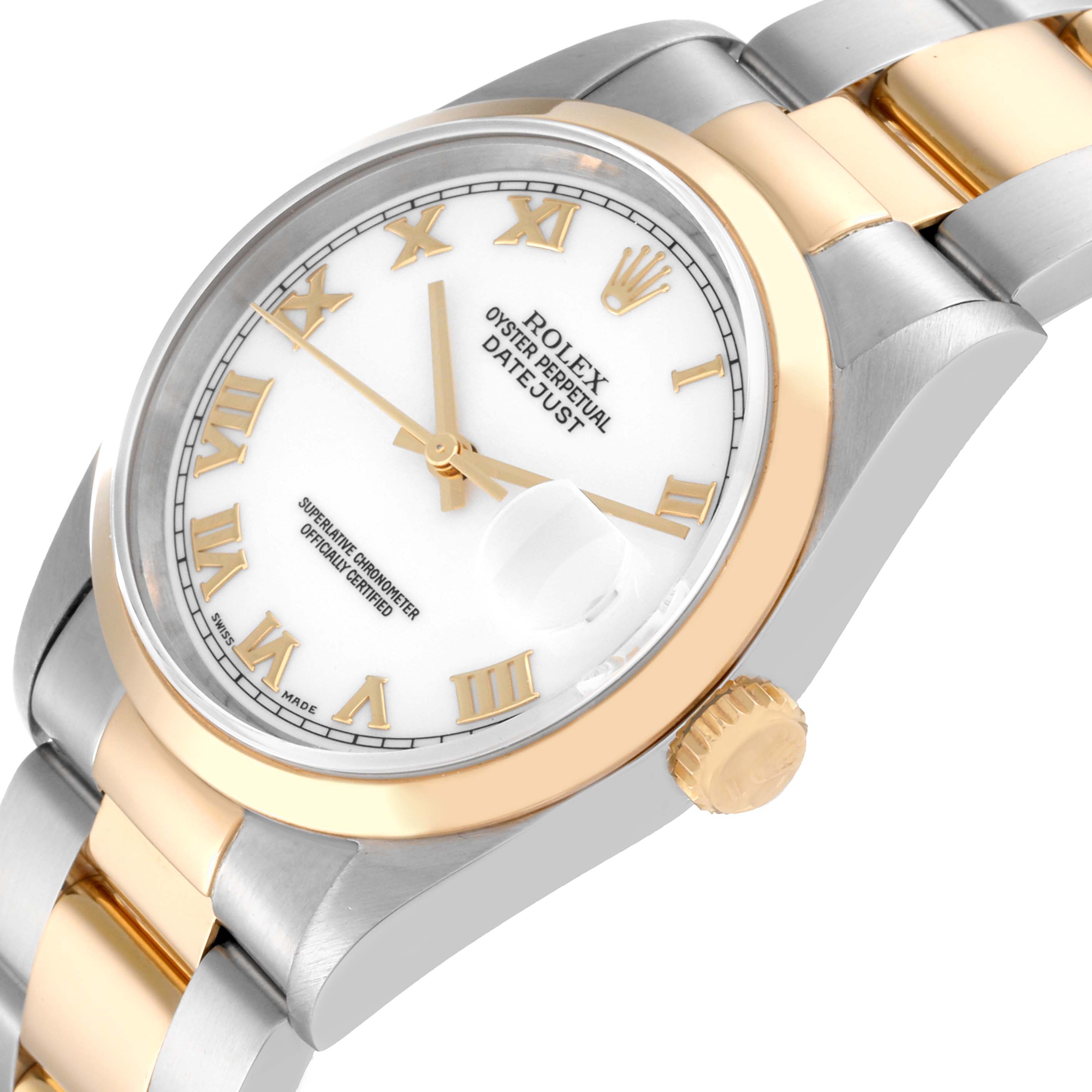 The image shows a close-up angle of a Rolex Datejust 16203 Men's Steel and Gold (two tone) White Dial 16203 Men's Steel and Gold (two tone) White Dial watch, highlighting the dial, bezel, and part of the bracelet.