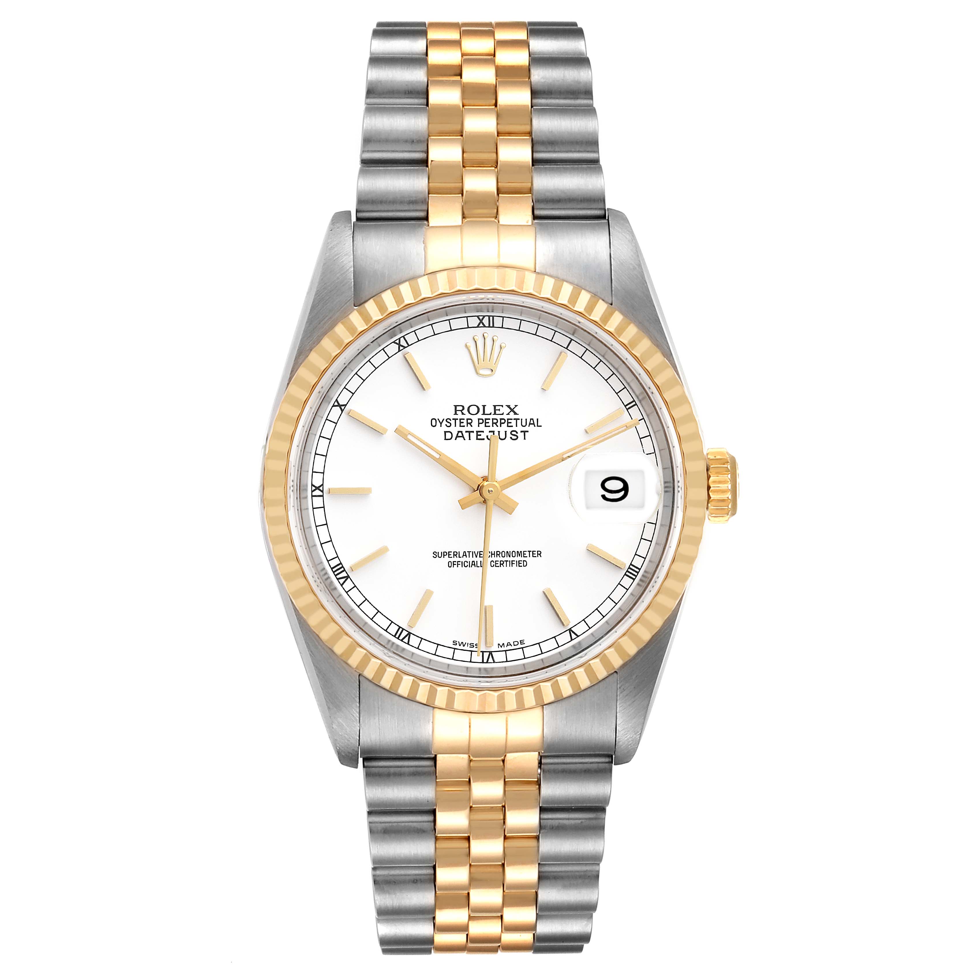 The Rolex Datejust 16233 Men's Steel and Gold (two tone) White Dial 16233 Men's Steel and Gold (two tone) White Dial watch is shown from a straight-on angle, highlighting its dial, bezel, and two-tone bracelet.
