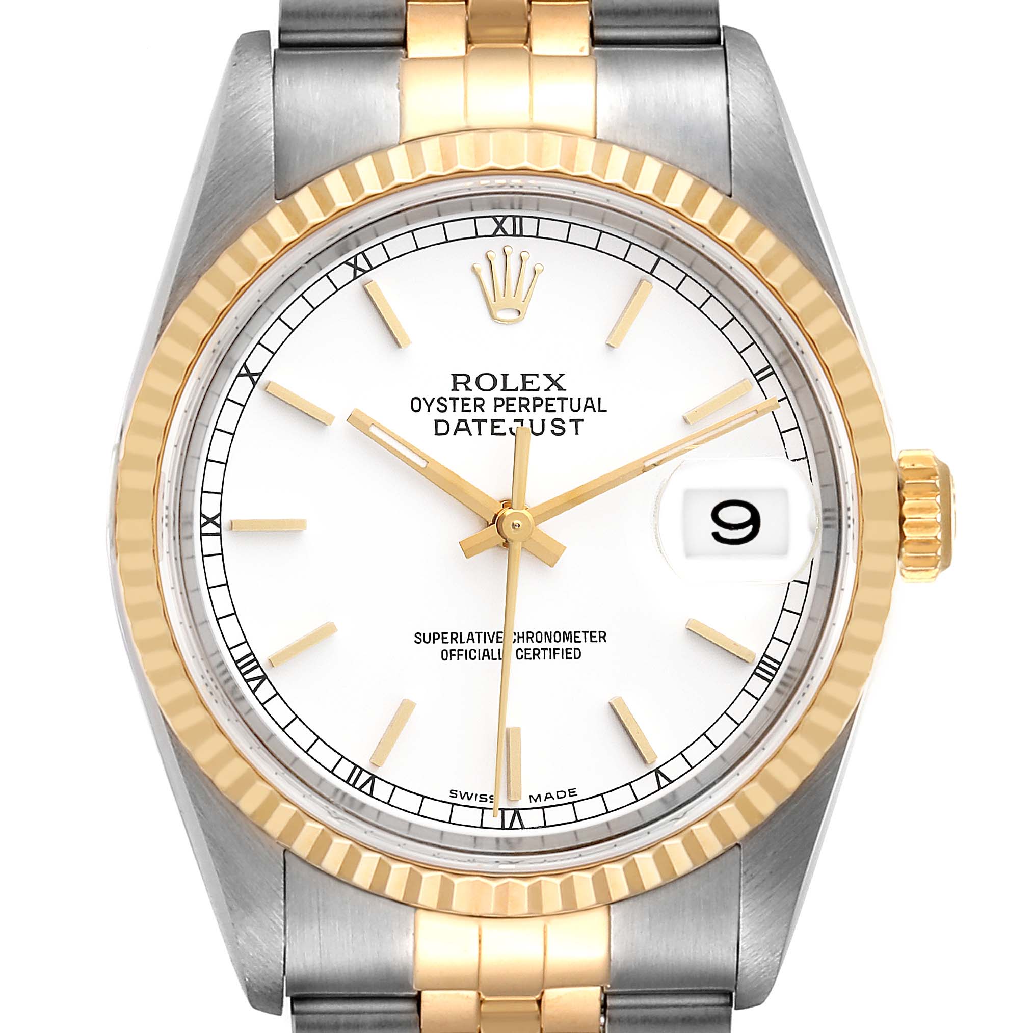 This is a front view of the Rolex Datejust 16233 Men's Steel and Gold (two tone) White Dial 16233 Men's Steel and Gold (two tone) White Dial watch showing the dial, bezel, crown, and part of the bracelet.