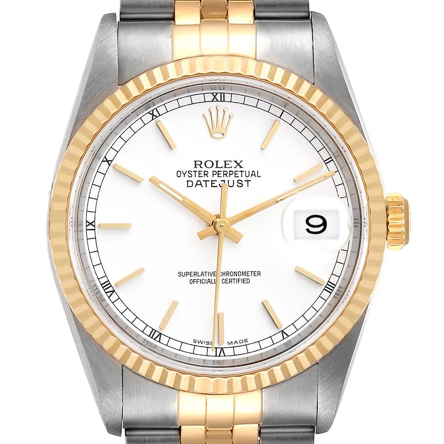 Rolex Datejust Steel Yellow Gold White Dial Mens Watch 16233 Box Papers + 1 Extra link SwissWatchExpo