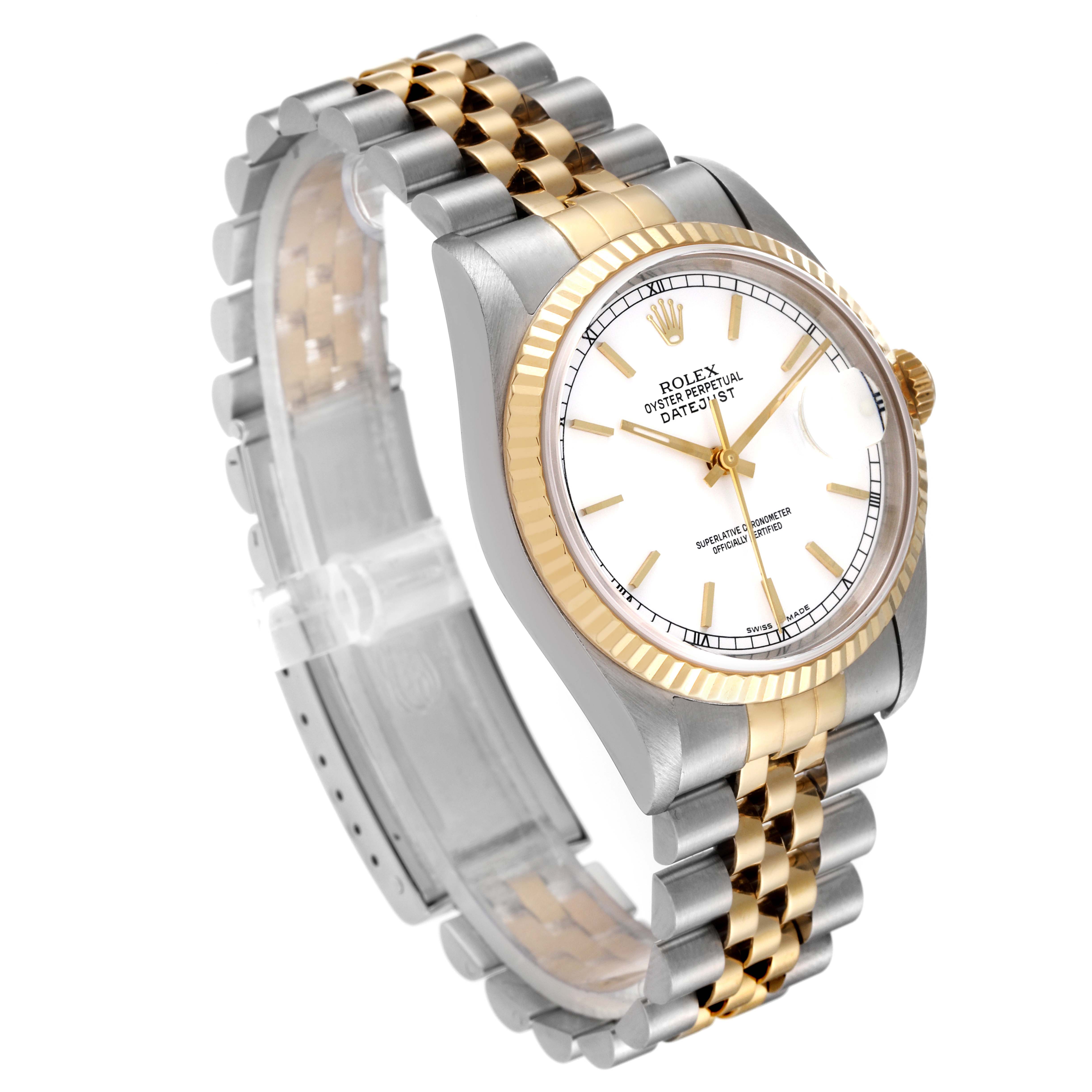 This image shows the Rolex Datejust 16233 Men's Steel and Gold (two tone) White Dial 16233 Men's Steel and Gold (two tone) White Dial watch at a slight angle, highlighting its gold and silver bracelet, bezel, and face.