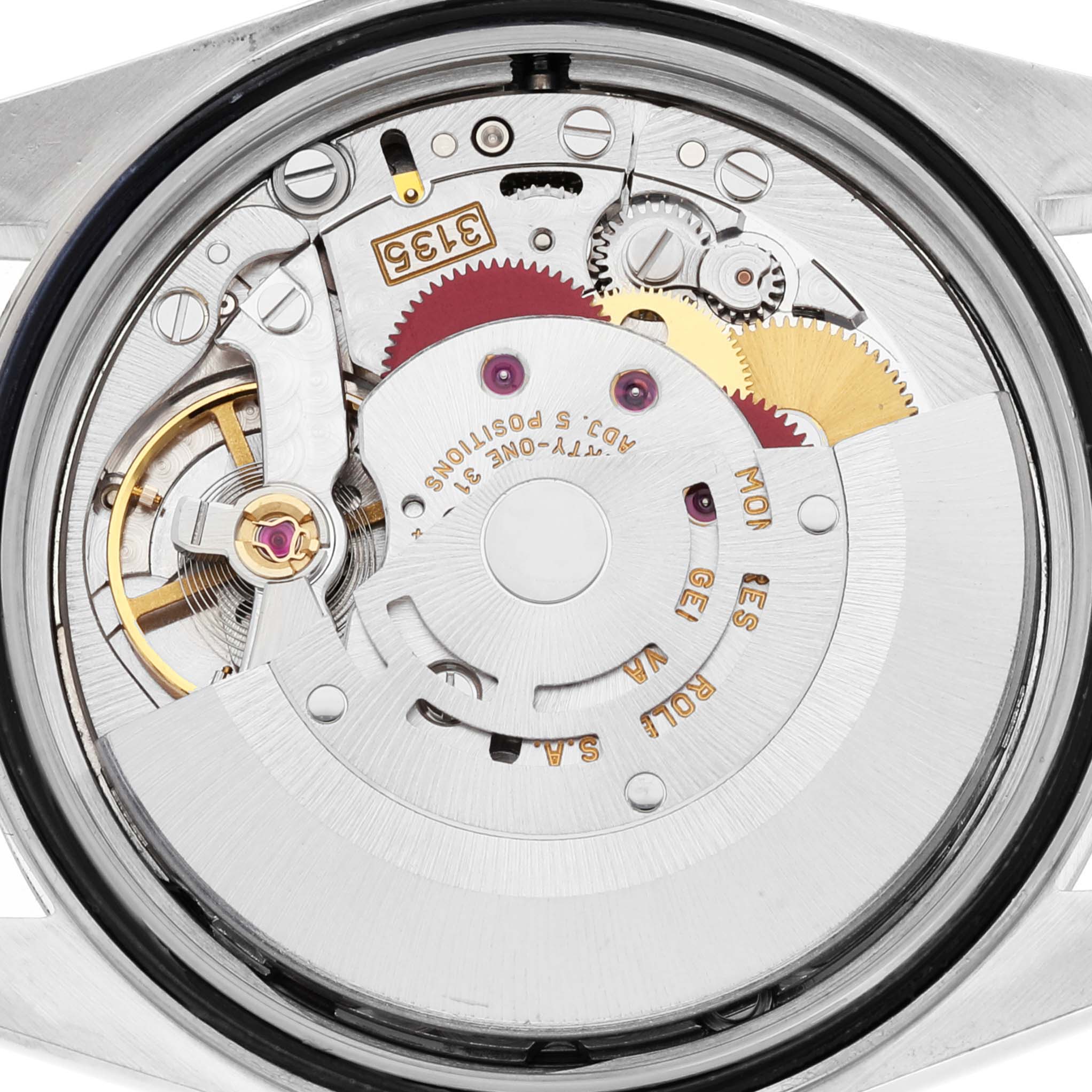 This image shows the movement mechanism of the Rolex Datejust 16233 Men's Steel and Gold (two tone) White Dial 16233 Men's Steel and Gold (two tone) White Dial watch from a rear angle.