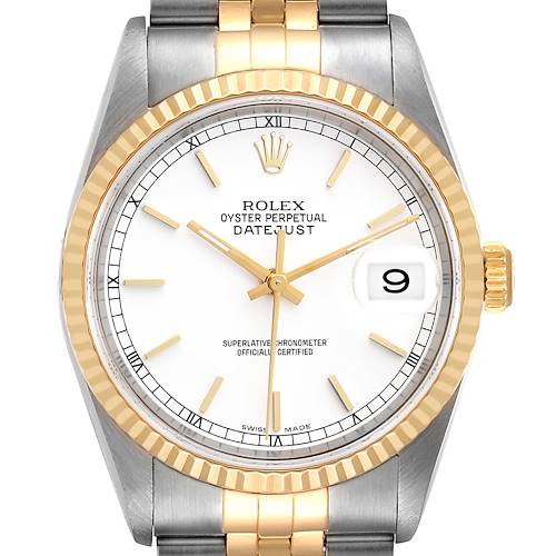 Photo of Rolex Datejust Steel Yellow Gold White Dial Mens Watch 16233 Box Papers + 1 Extra link