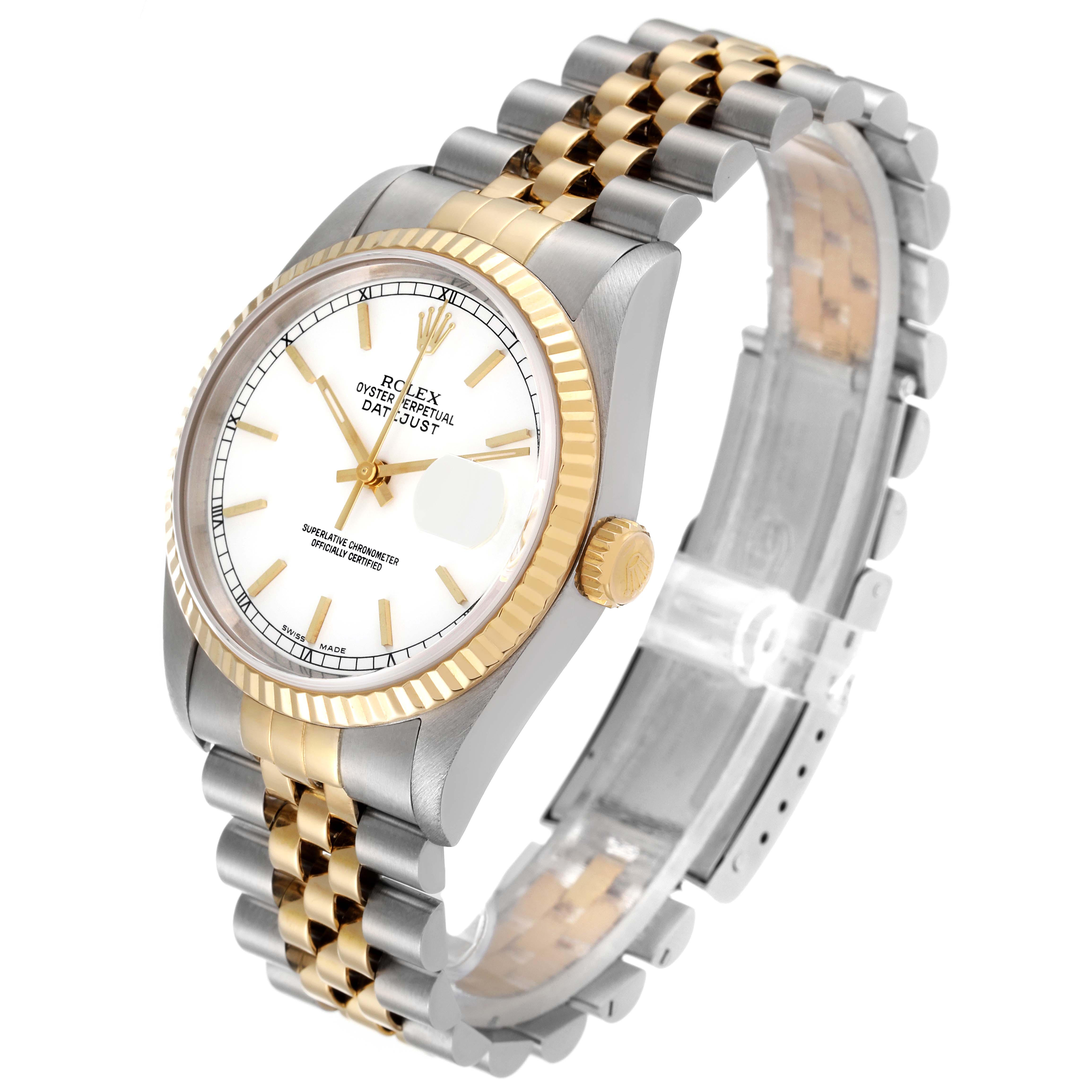 The Rolex Datejust 16233 Men's Steel and Gold (two tone) White Dial 16233 Men's Steel and Gold (two tone) White Dial watch is shown from an angle highlighting its face, crown, and two-tone bracelet.