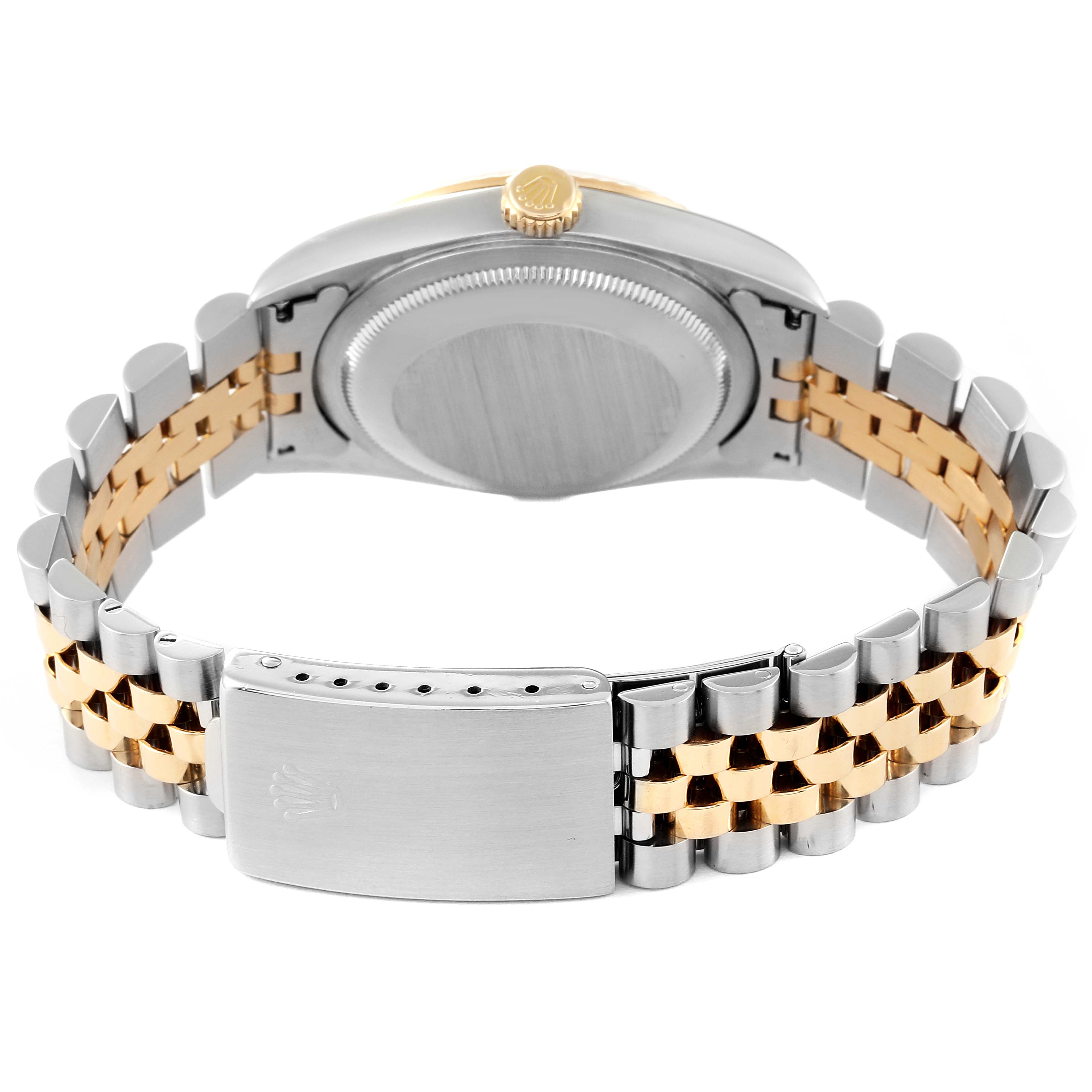 This image shows the back view of a Rolex Datejust 16233 Men's Steel and Gold (two tone) White Dial 16233 Men's Steel and Gold (two tone) White Dial watch, focusing on the case back and Jubilee bracelet with a clasp.