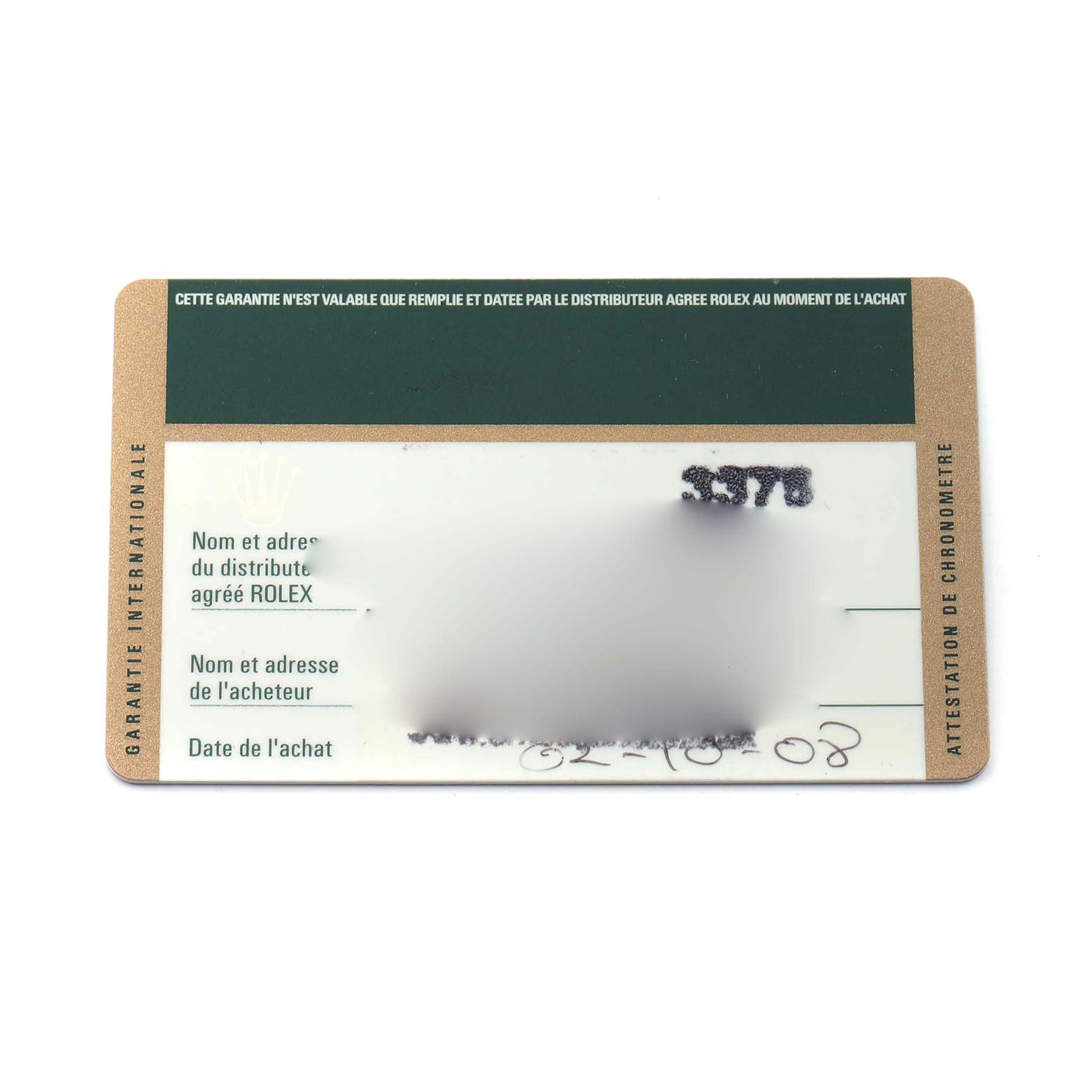 The image shows a warranty card for the Rolex Turn-o-Graph 116264 Men's Stainless Steel Blue Dial model, displaying information fields at an overhead angle.