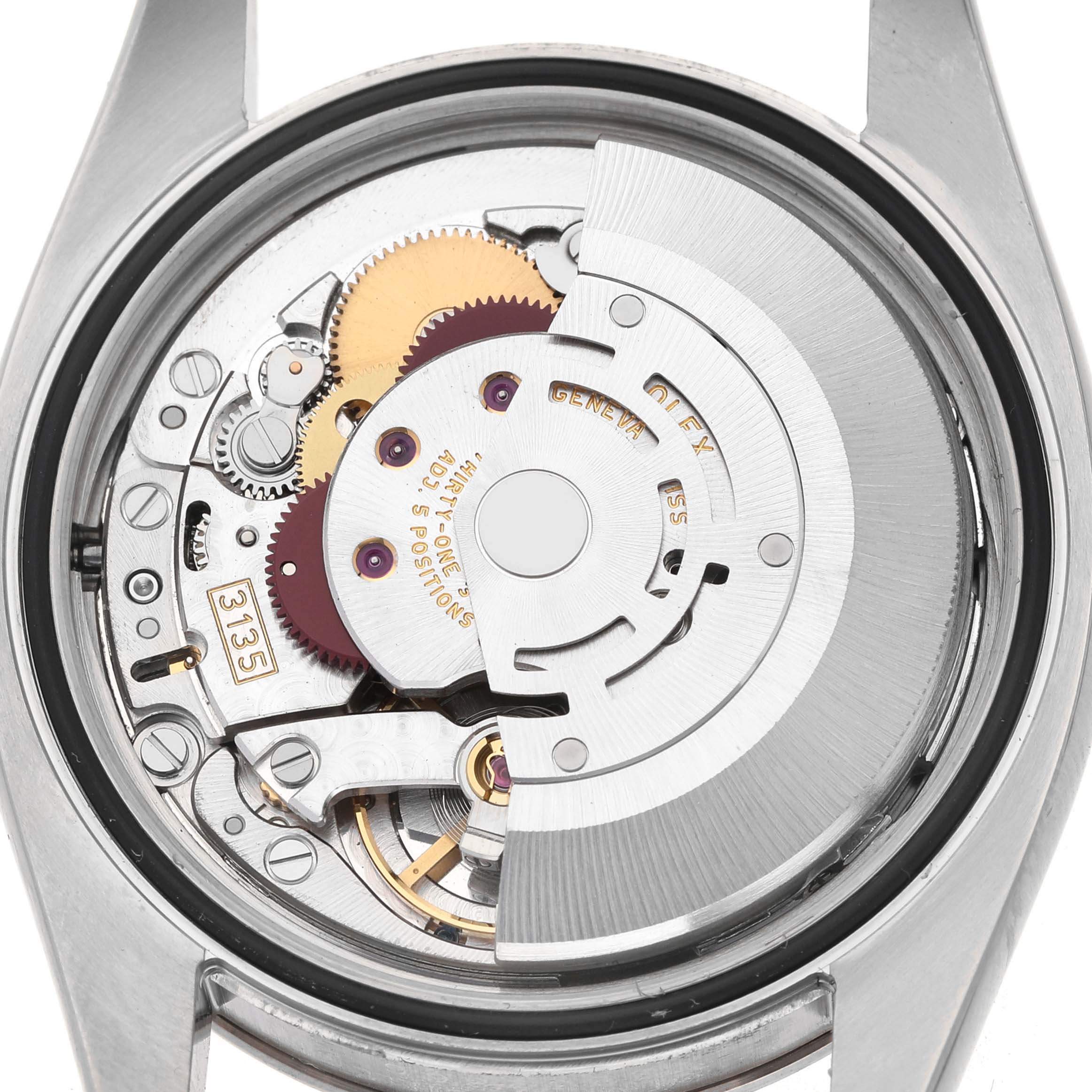 The image shows the open case back of a Rolex Turn-o-Graph 116264 Men's Stainless Steel Blue Dial, revealing its mechanical movement and rotor.