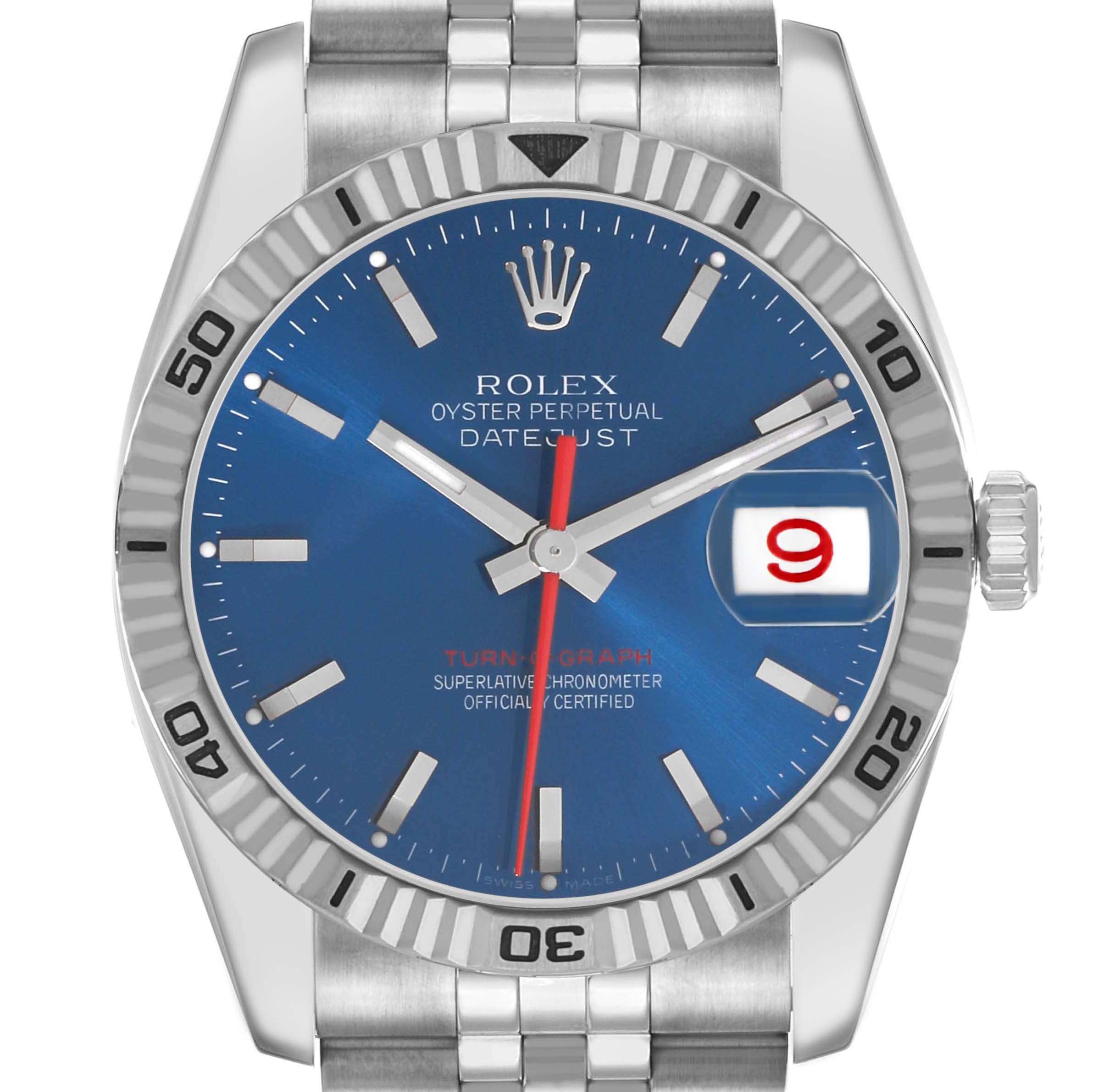 The Rolex Turn-o-Graph 116264 Men's Stainless Steel Blue Dial watch is shown from a front angle, displaying its blue dial, bezel, and bracelet.